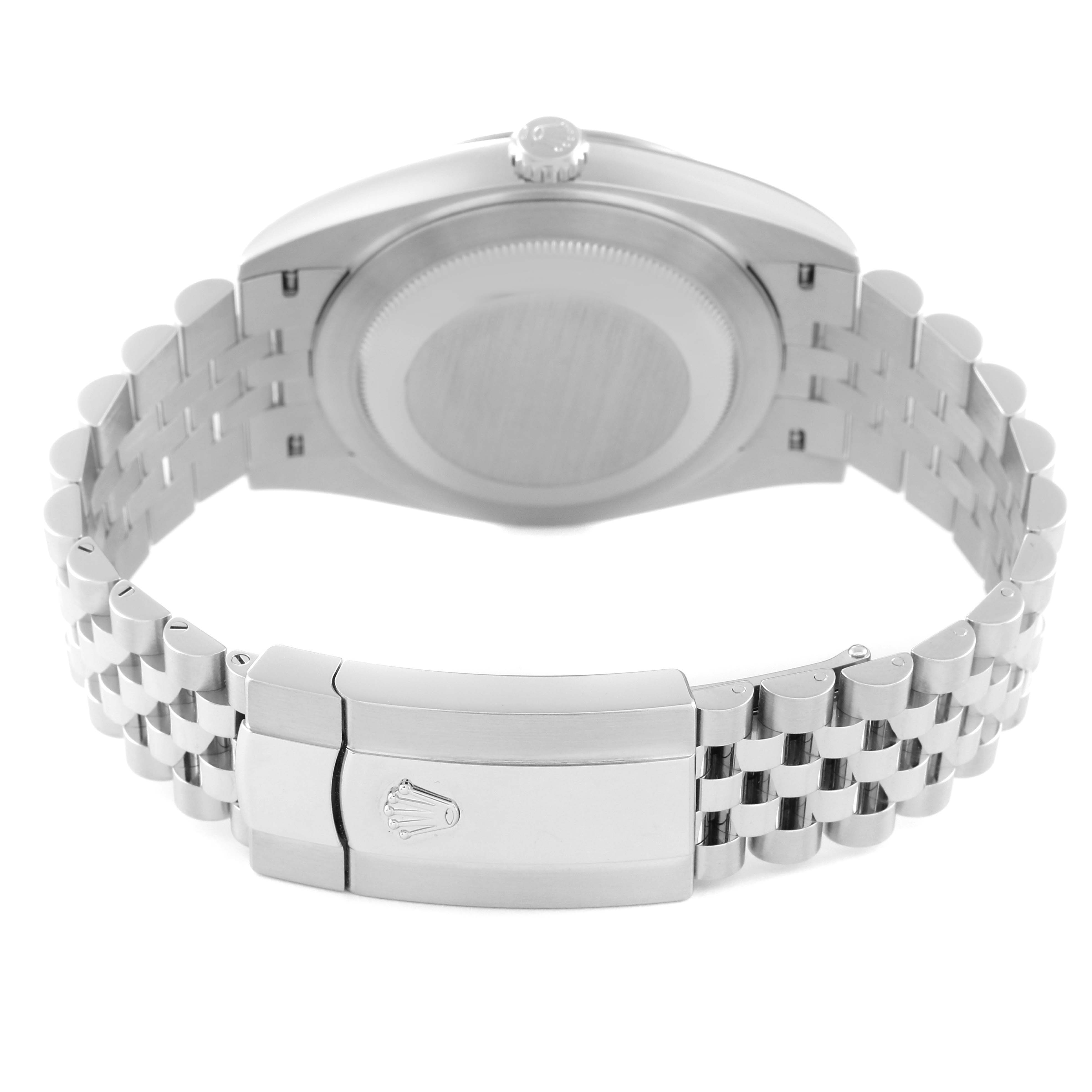 The image shows the back view of the Rolex Datejust 41 126334 Men
s Stainless Steel Green Dial 126334 Men
s Stainless Steel Green Dial watch, highlighting its case back, bracelet, and clasp.