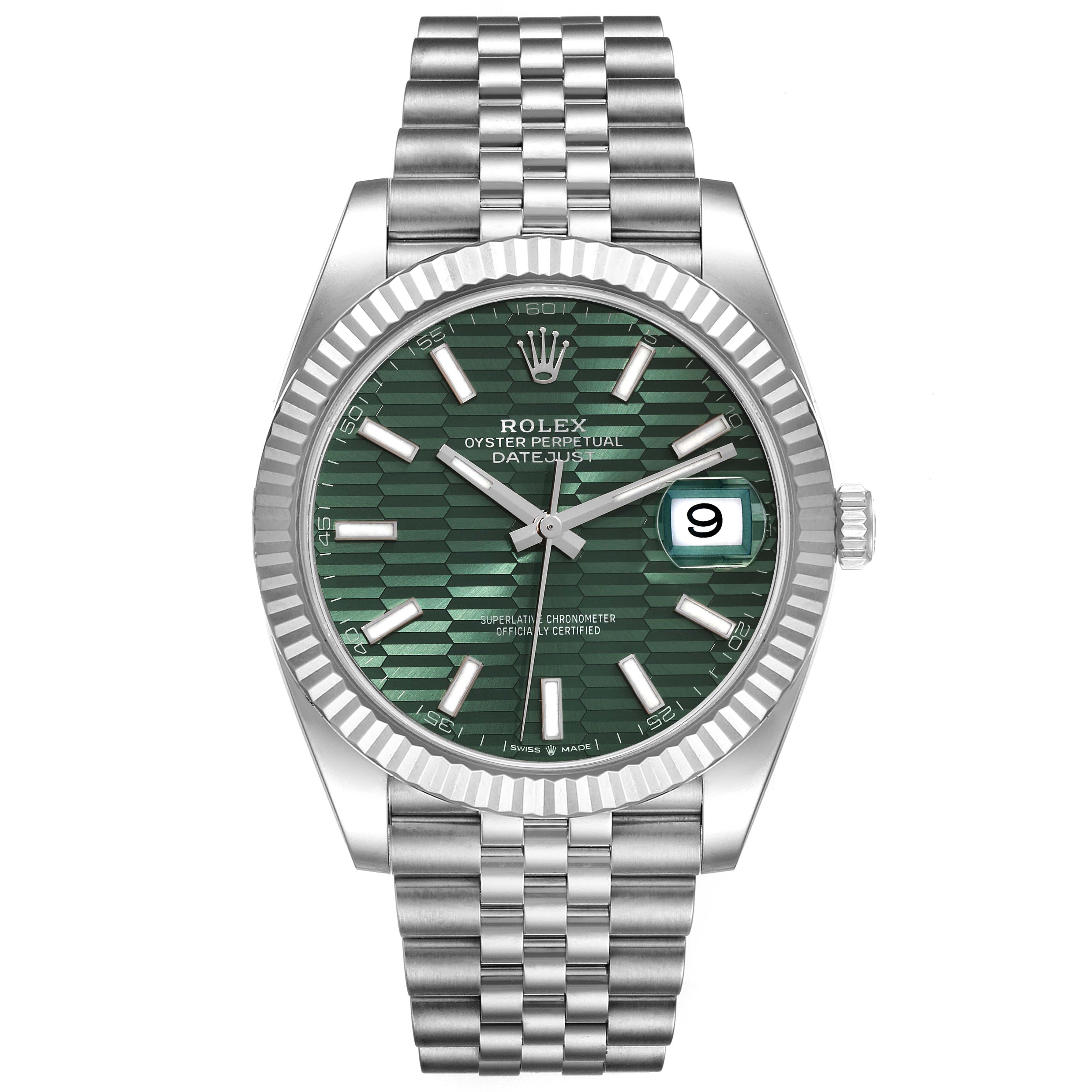 The Rolex Datejust 41 126334 Men
s Stainless Steel Green Dial 126334 Men
s Stainless Steel Green Dial watch is shown from a front angle, highlighting the dial, bezel, bracelet, and date window.