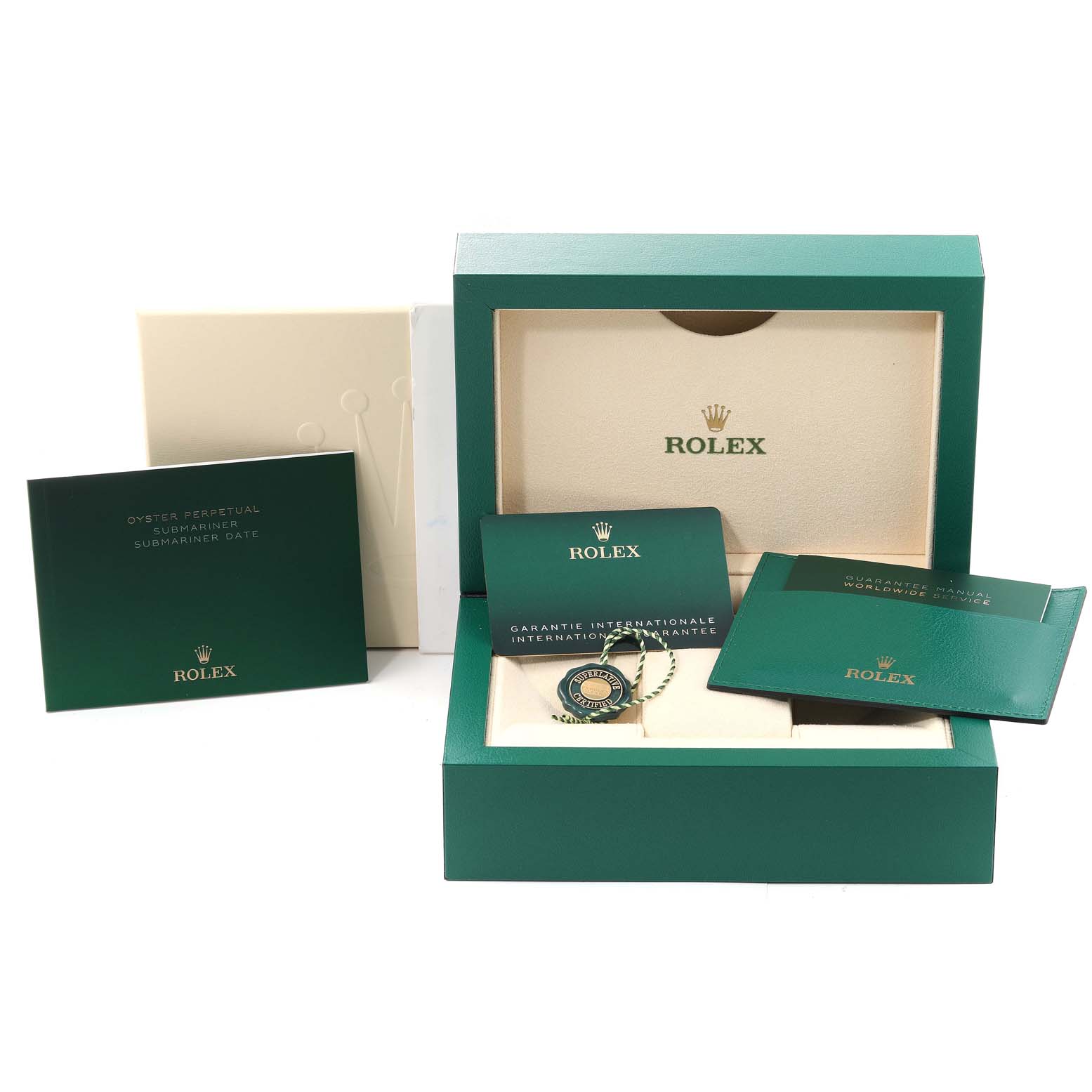 This image shows the packaging and accessories for a Rolex Datejust 41 126334 Men
s Stainless Steel Green Dial 126334 Men
s Stainless Steel Green Dial, including the box, certificates, and manuals.