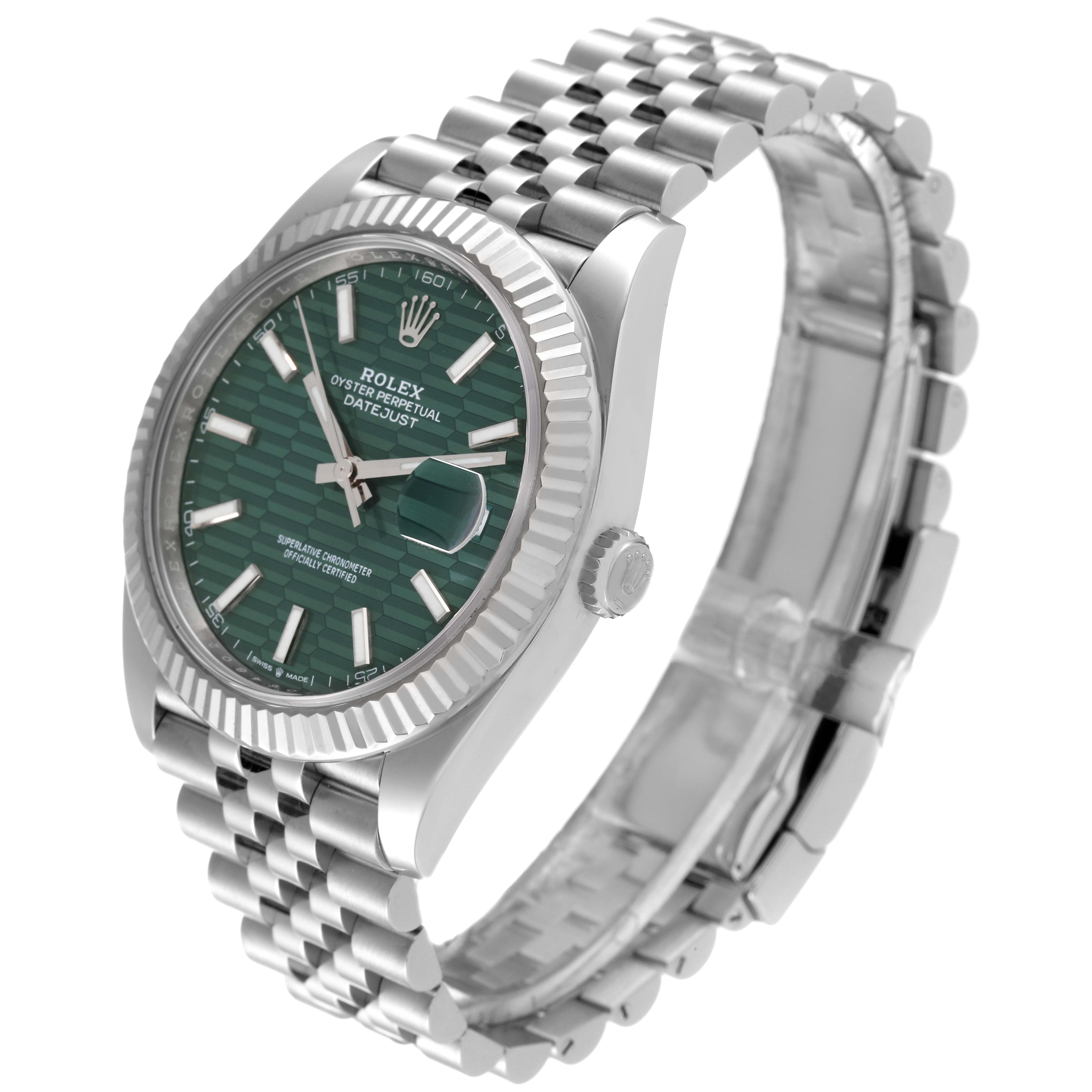 This image shows a Rolex Datejust 41 126334 Men
s Stainless Steel Green Dial 126334 Men
s Stainless Steel Green Dial watch angled from the front-left side, highlighting the bezel, dial, and metal bracelet.