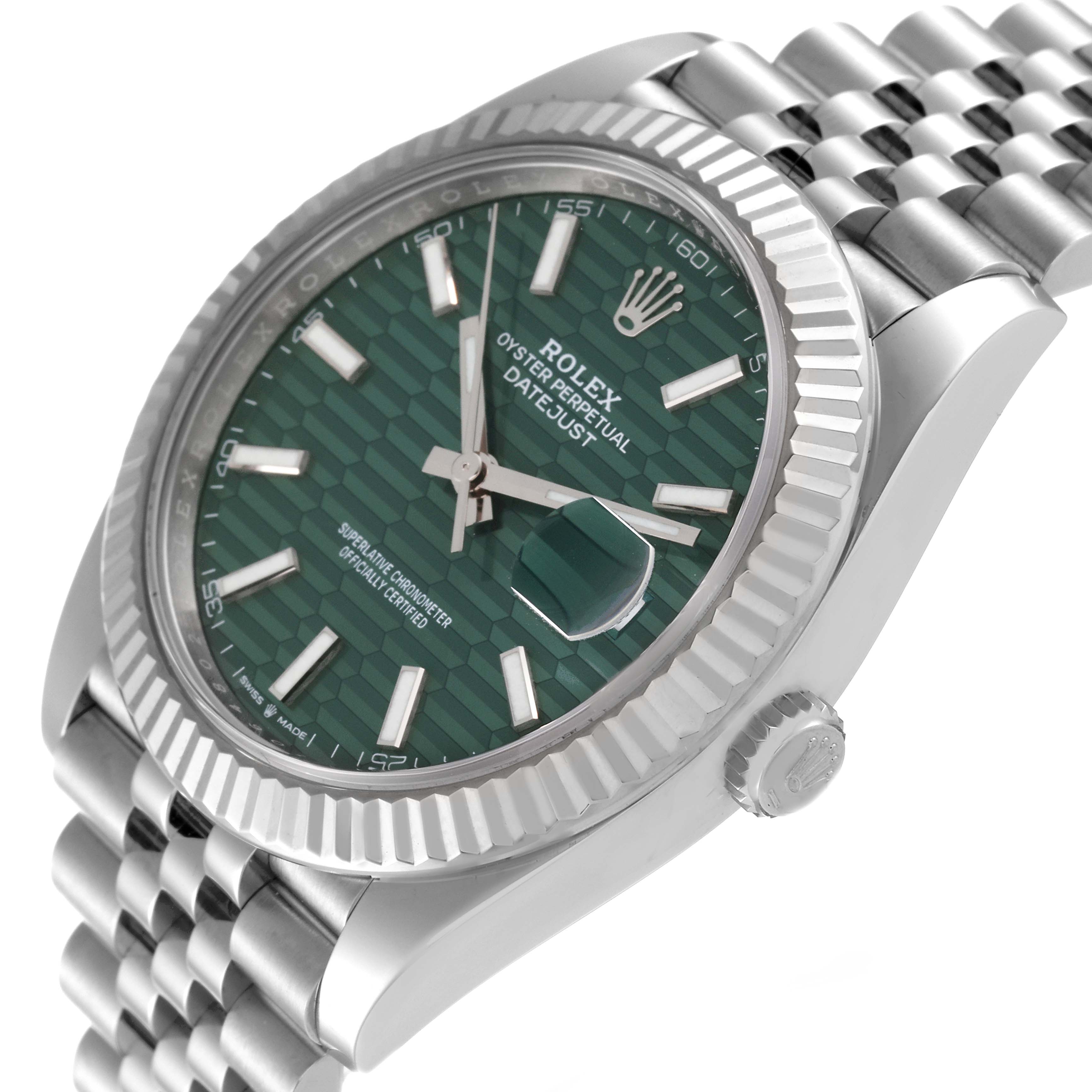 The image shows a close-up angled view of the Rolex Datejust 41 126334 Men
s Stainless Steel Green Dial 126334 Men
s Stainless Steel Green Dial, highlighting its green dial, fluted bezel, and jubilee bracelet.