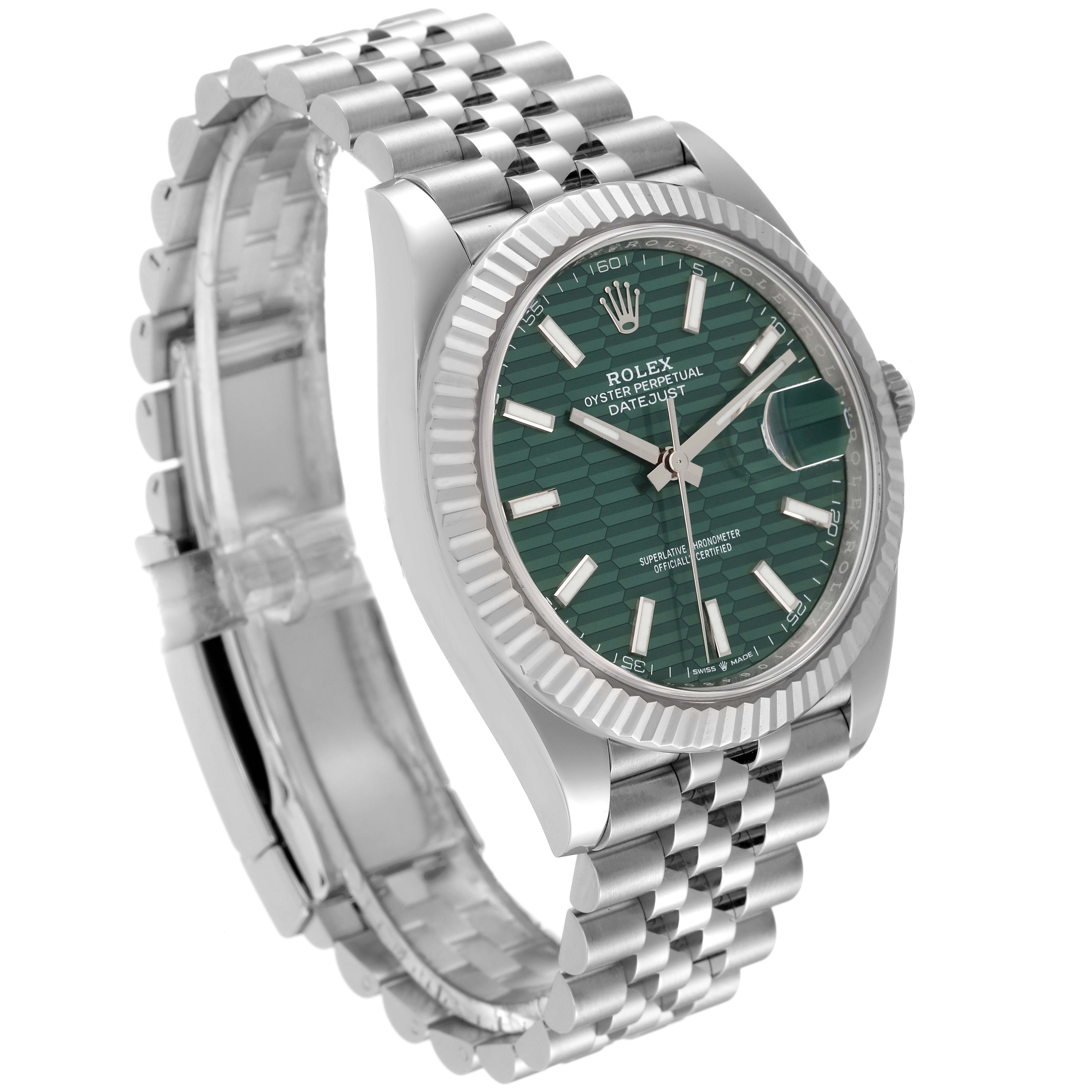 The image shows a Rolex Datejust 41 126334 Men
s Stainless Steel Green Dial 126334 Men
s Stainless Steel Green Dial model from an angled side view, highlighting the face, bezel, and bracelet.