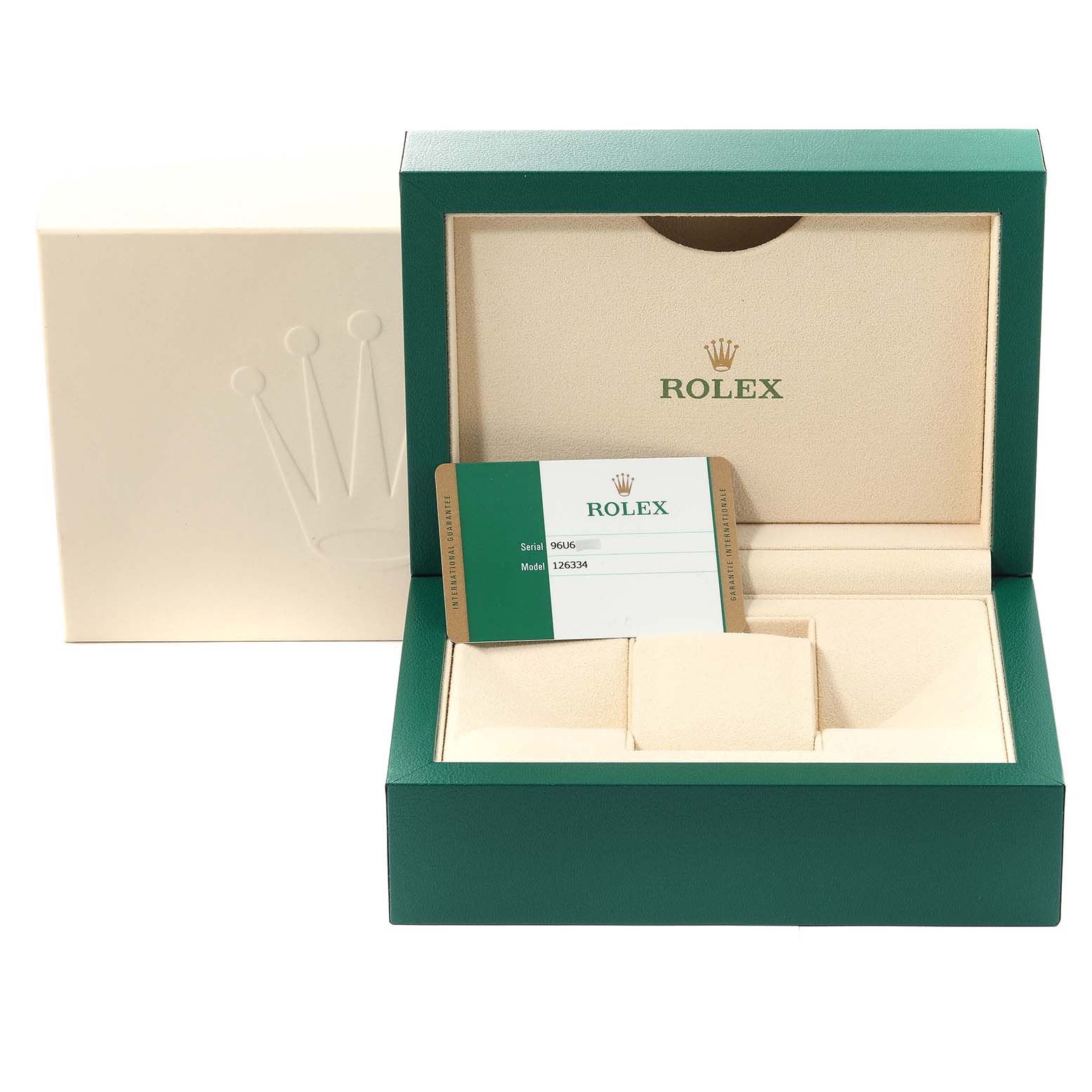 The image shows a Rolex Datejust 41 126334 Men
s Stainless Steel Silver Dial 126334 Men
s Stainless Steel Silver Dial watch box and warranty card from a front angle.