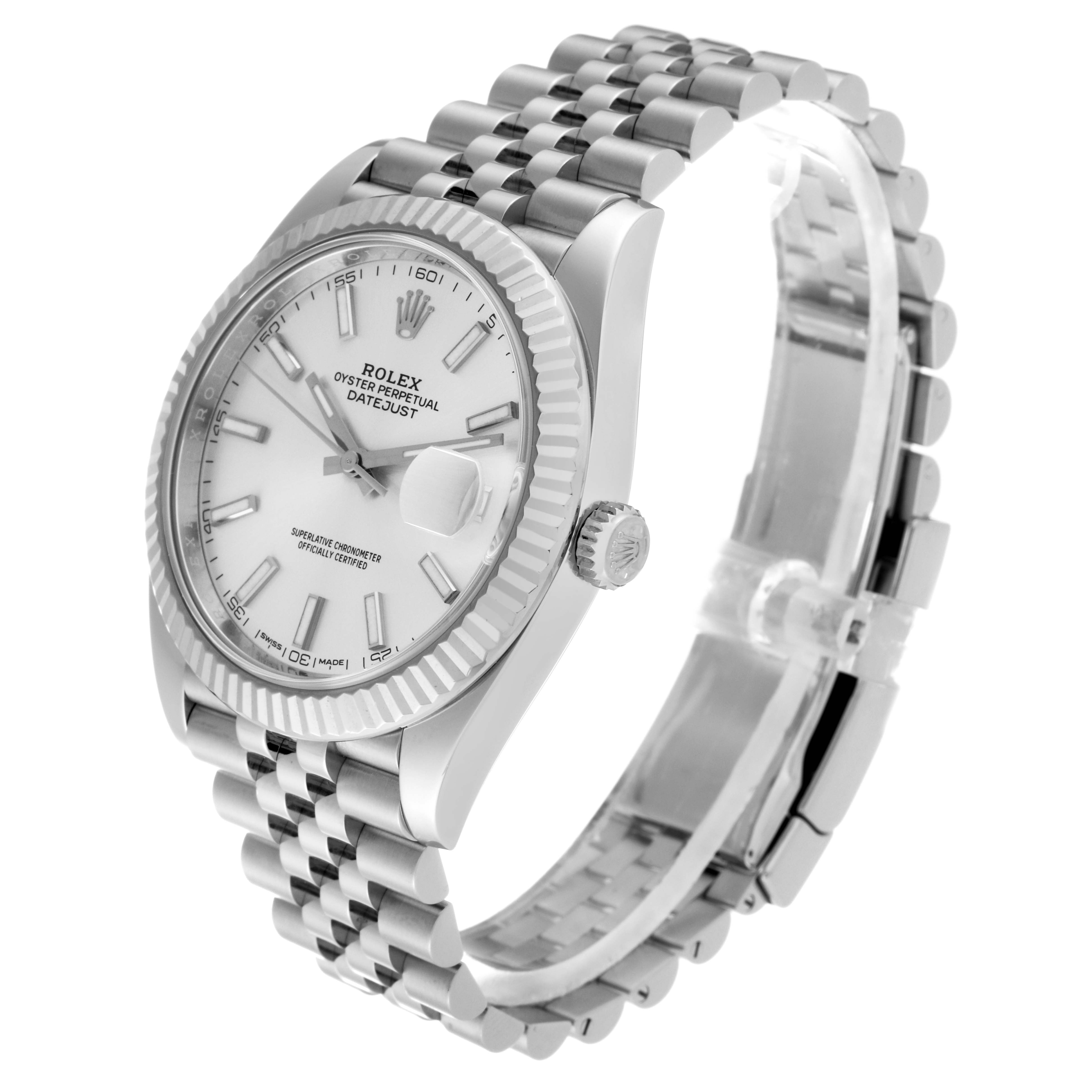 The image shows a Rolex Datejust 41 126334 Men
s Stainless Steel Silver Dial 126334 Men
s Stainless Steel Silver Dial model watch at a right-side angle, highlighting the dial, bezel, and Jubilee bracelet.