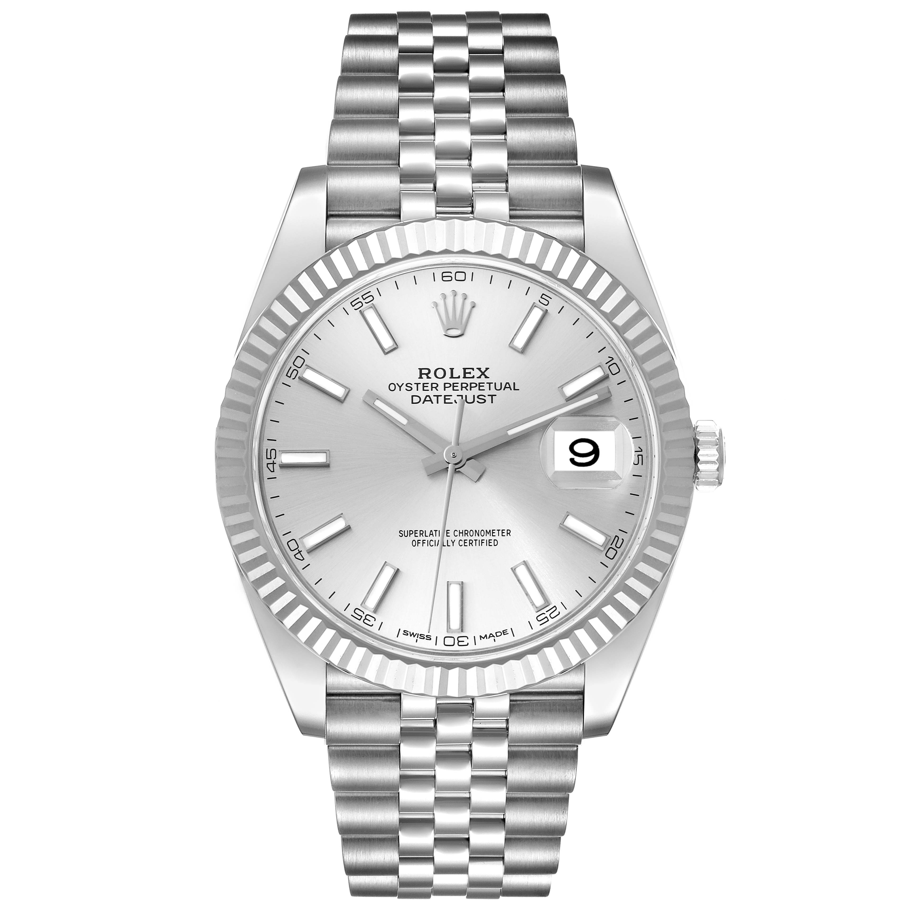 The Rolex Datejust 41 126334 Men
s Stainless Steel Silver Dial 126334 Men
s Stainless Steel Silver Dial model is shown from a front angle, displaying the dial, bezel, and Jubilee bracelet.