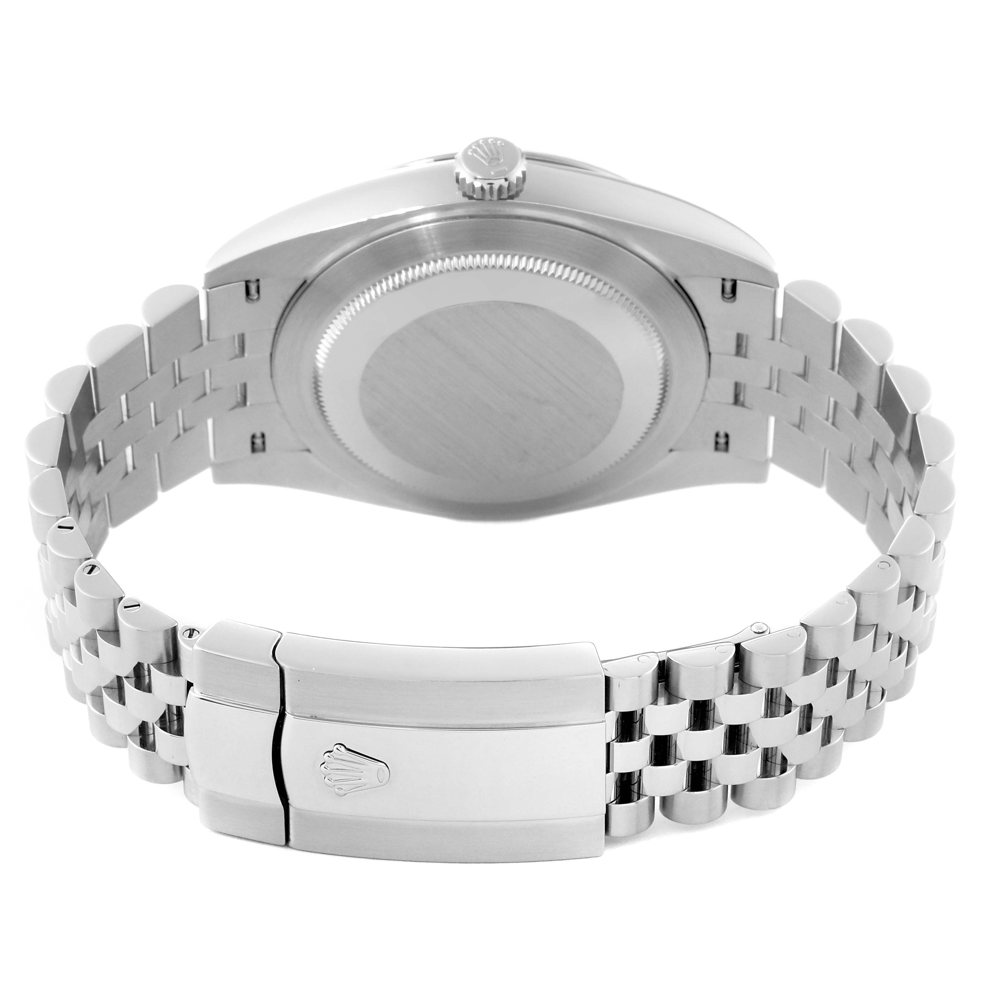 The image shows the back view of a Rolex Datejust 41 126334 Men
s Stainless Steel Silver Dial 126334 Men
s Stainless Steel Silver Dial watch, highlighting the case back and bracelet with a clasp.