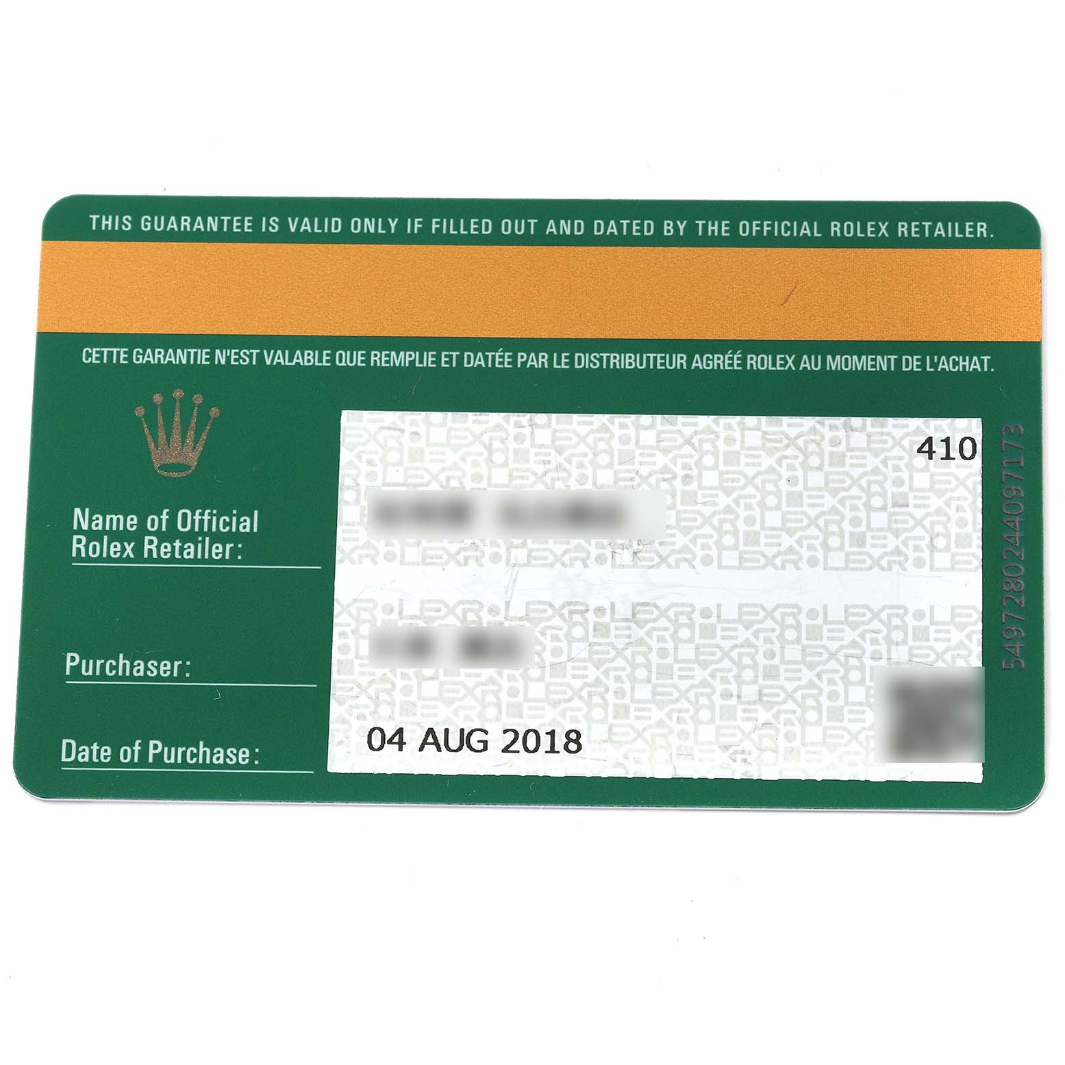 This image shows a filled-out warranty card for a Rolex Datejust 41 126334 Men
s Stainless Steel Silver Dial 126334 Men
s Stainless Steel Silver Dial watch, with identifiable purchase details blurred.
