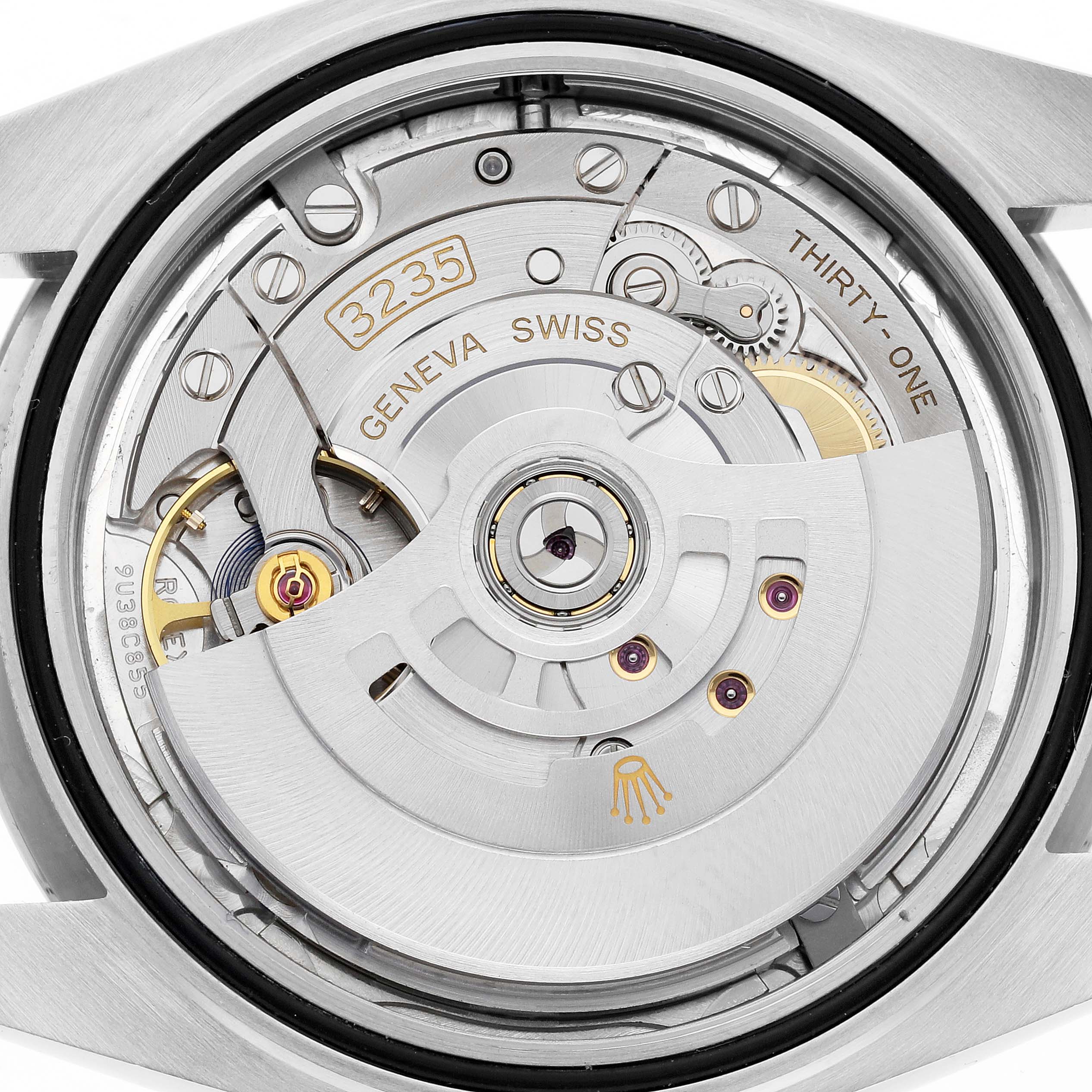 This image shows the movement and inner workings of a Rolex Datejust 41 126334 Men
s Stainless Steel Silver Dial 126334 Men
s Stainless Steel Silver Dial model from a top-down angle.