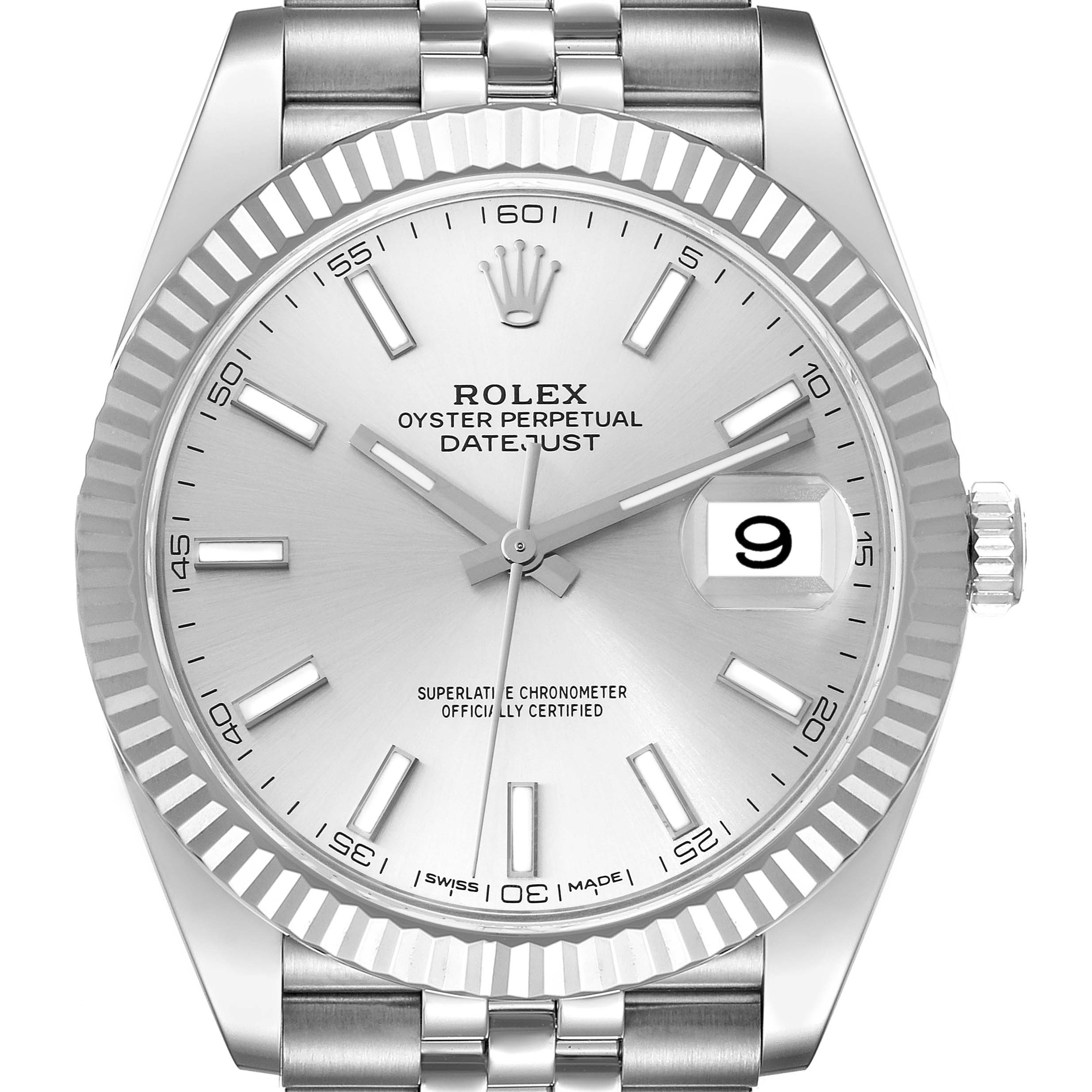 This image shows a front view of a Rolex Datejust 41 126334 Men
s Stainless Steel Silver Dial 126334 Men
s Stainless Steel Silver Dial watch, featuring its dial, hands, bezel, and date display.
