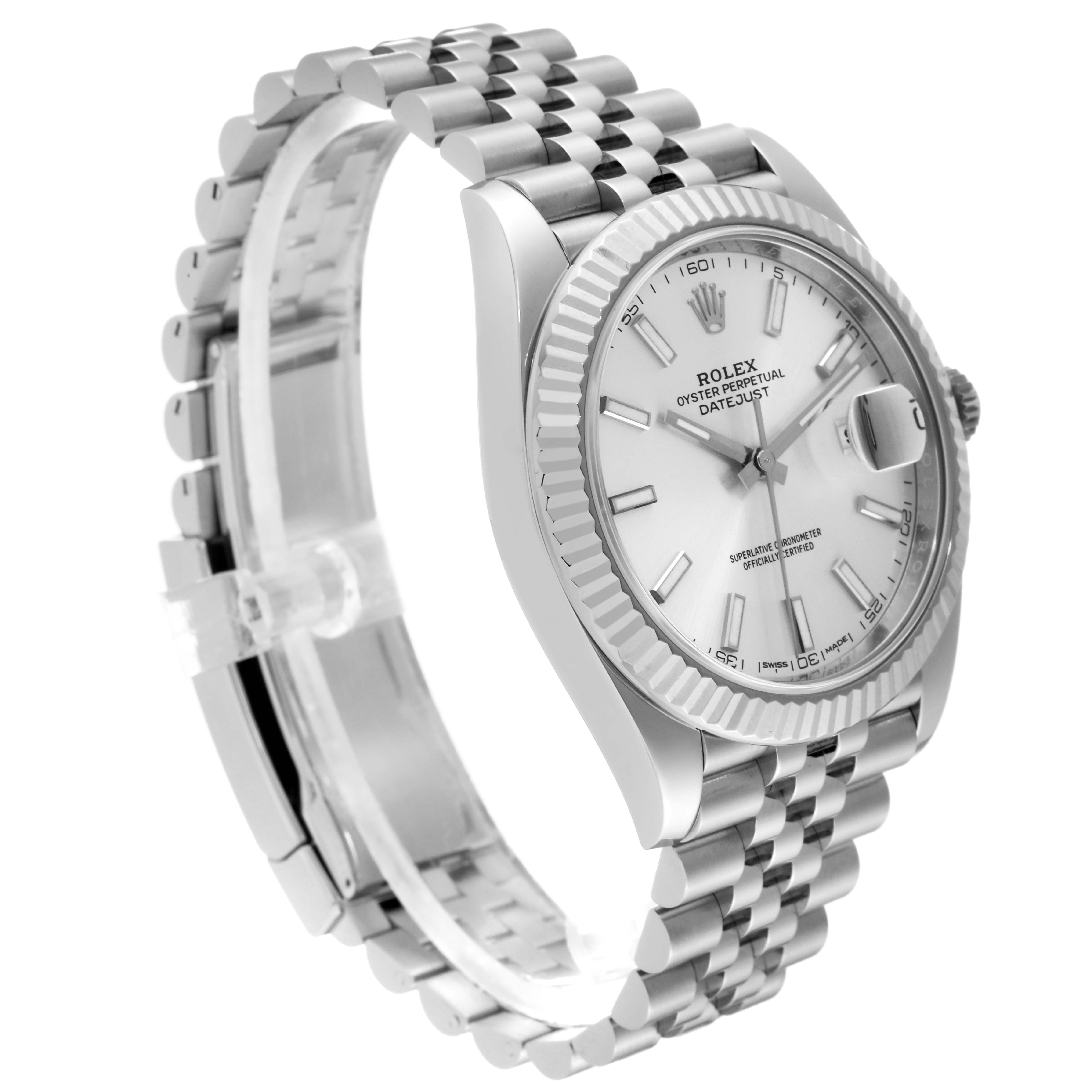 The image shows the Rolex Datejust 41 126334 Men
s Stainless Steel Silver Dial 126334 Men
s Stainless Steel Silver Dial watch, highlighting the face, bezel, and bracelet from a slight side angle.