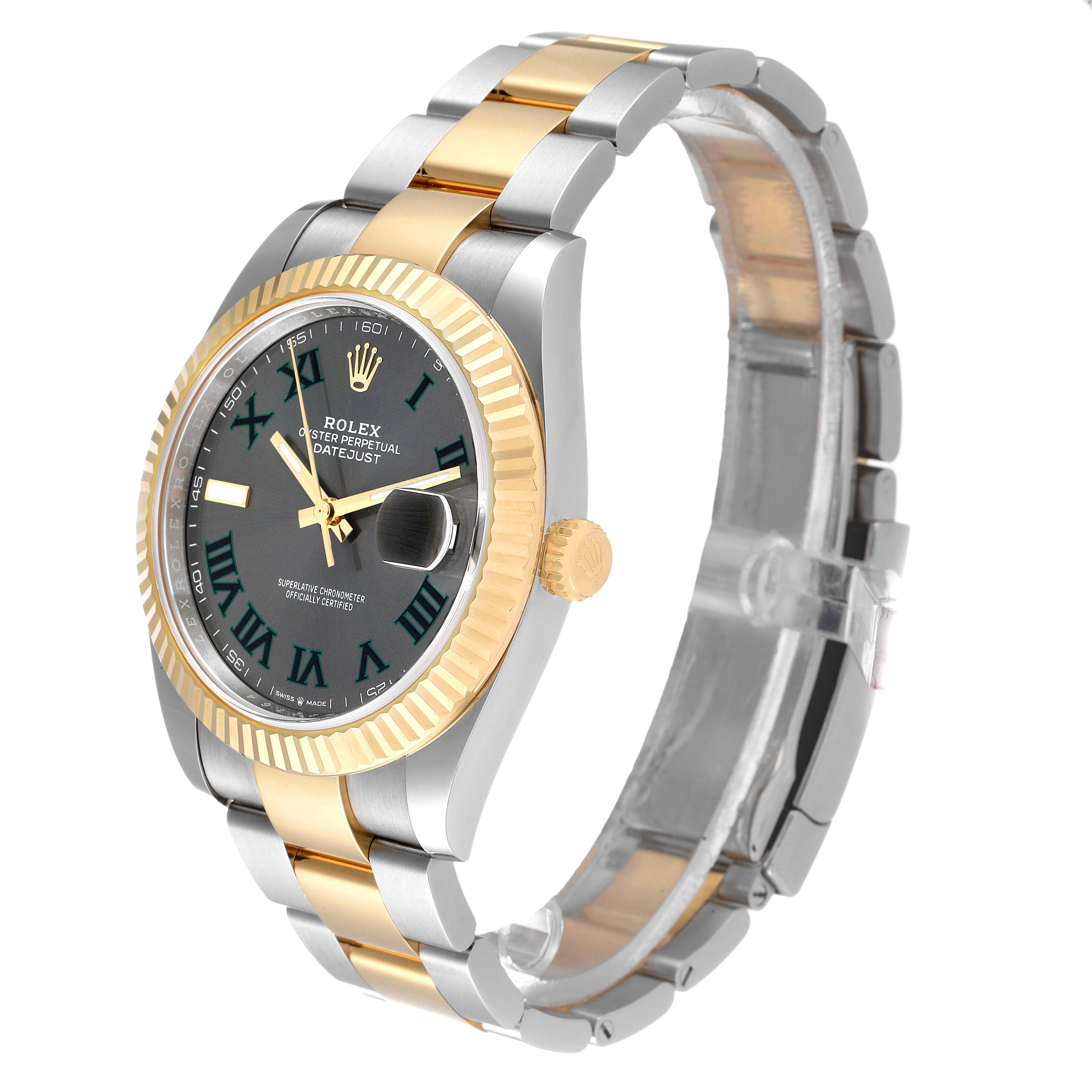 The image shows a Rolex Datejust 41 126333 Men's Steel and Gold (two tone) Grey Dial 126333 Men's Steel and Gold (two tone) Grey Dial watch at a 3/4 angle, highlighting its two-tone bracelet, fluted bezel, and black dial.