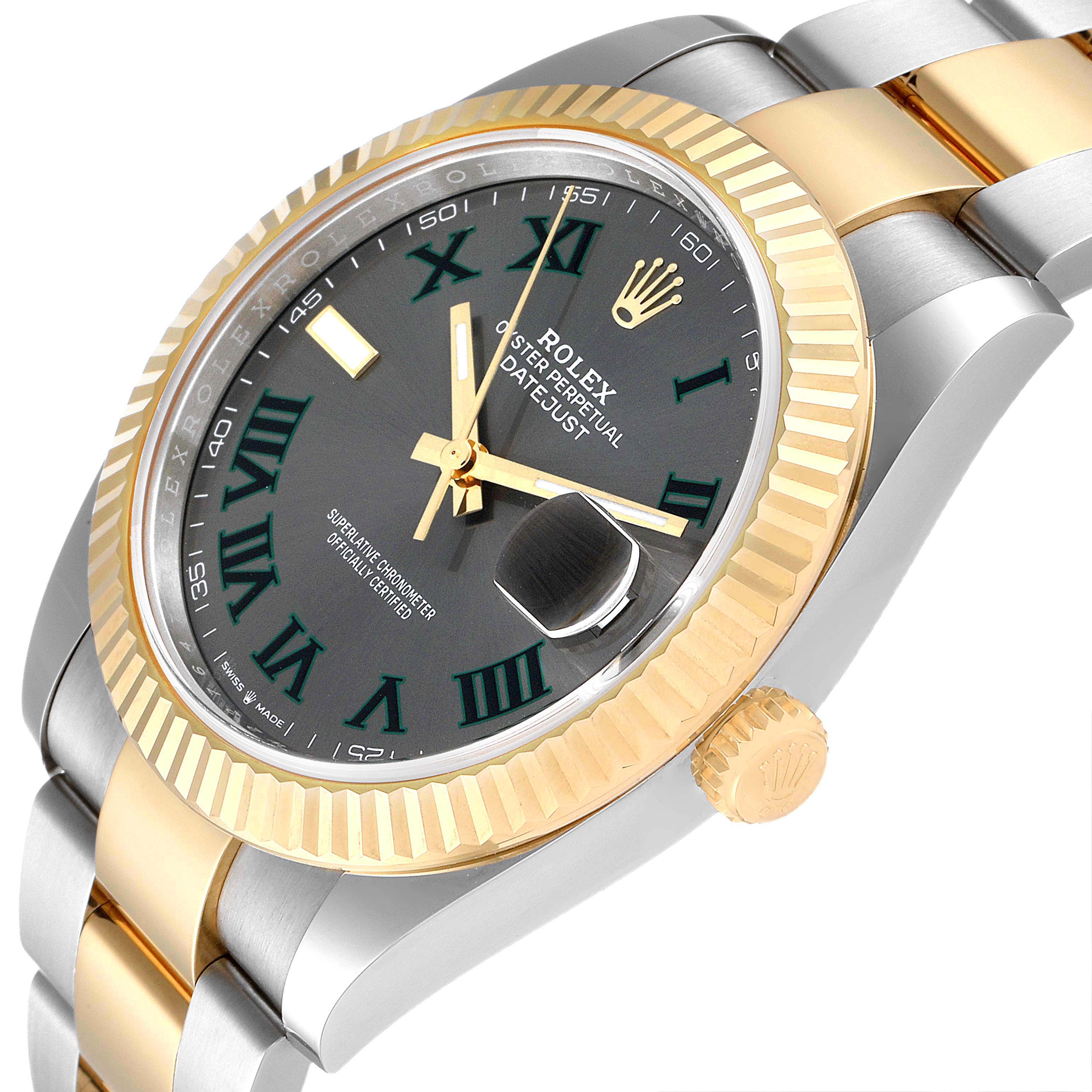 This image shows a close-up angle of the face and side of a Rolex Datejust 41 126333 Men's Steel and Gold (two tone) Grey Dial 126333 Men's Steel and Gold (two tone) Grey Dial, highlighting the bezel, dial, and bracelet.
