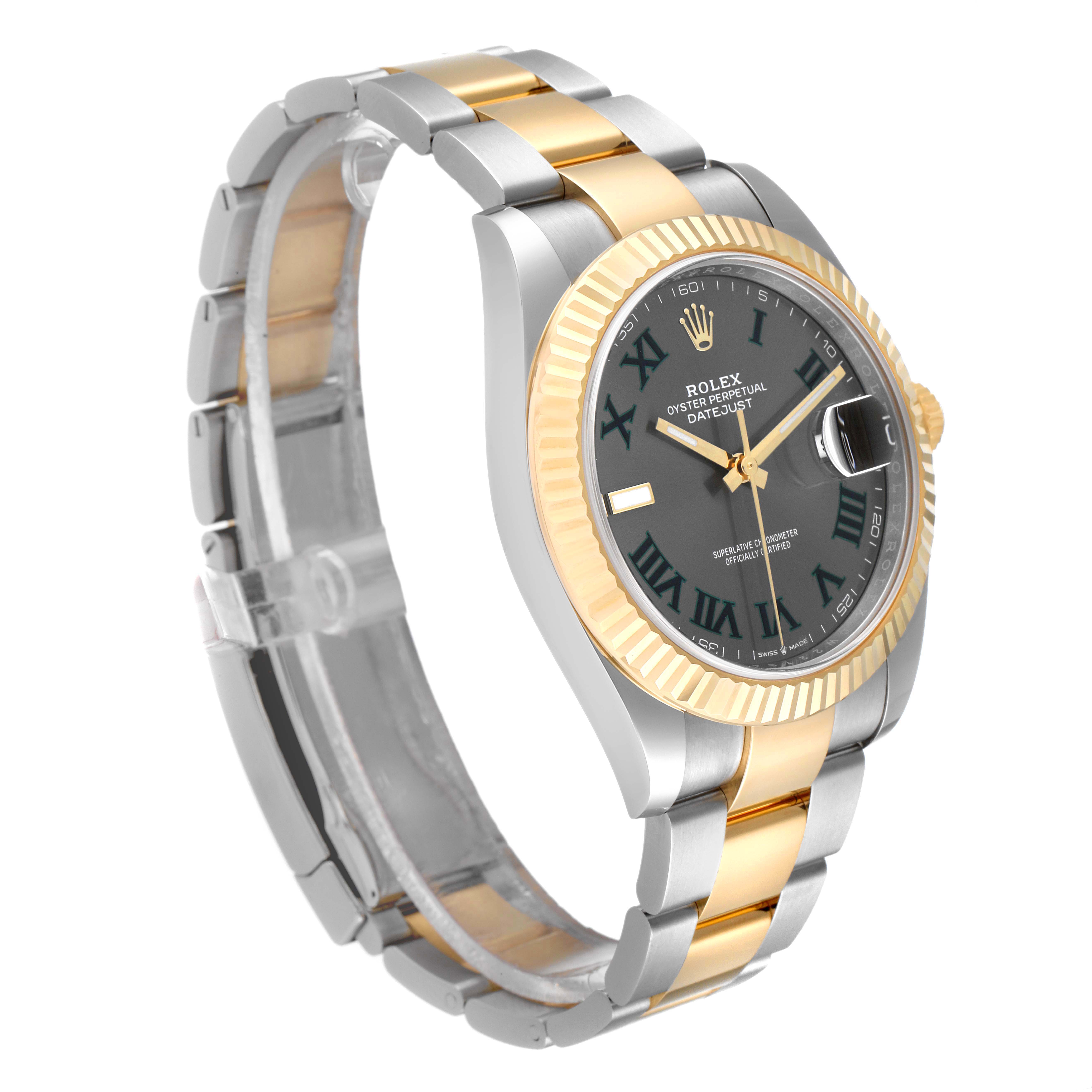 The image shows a side angle view of a Rolex Datejust 41 126333 Men's Steel and Gold (two tone) Grey Dial 126333 Men's Steel and Gold (two tone) Grey Dial watch, highlighting the two-tone bracelet and black dial.