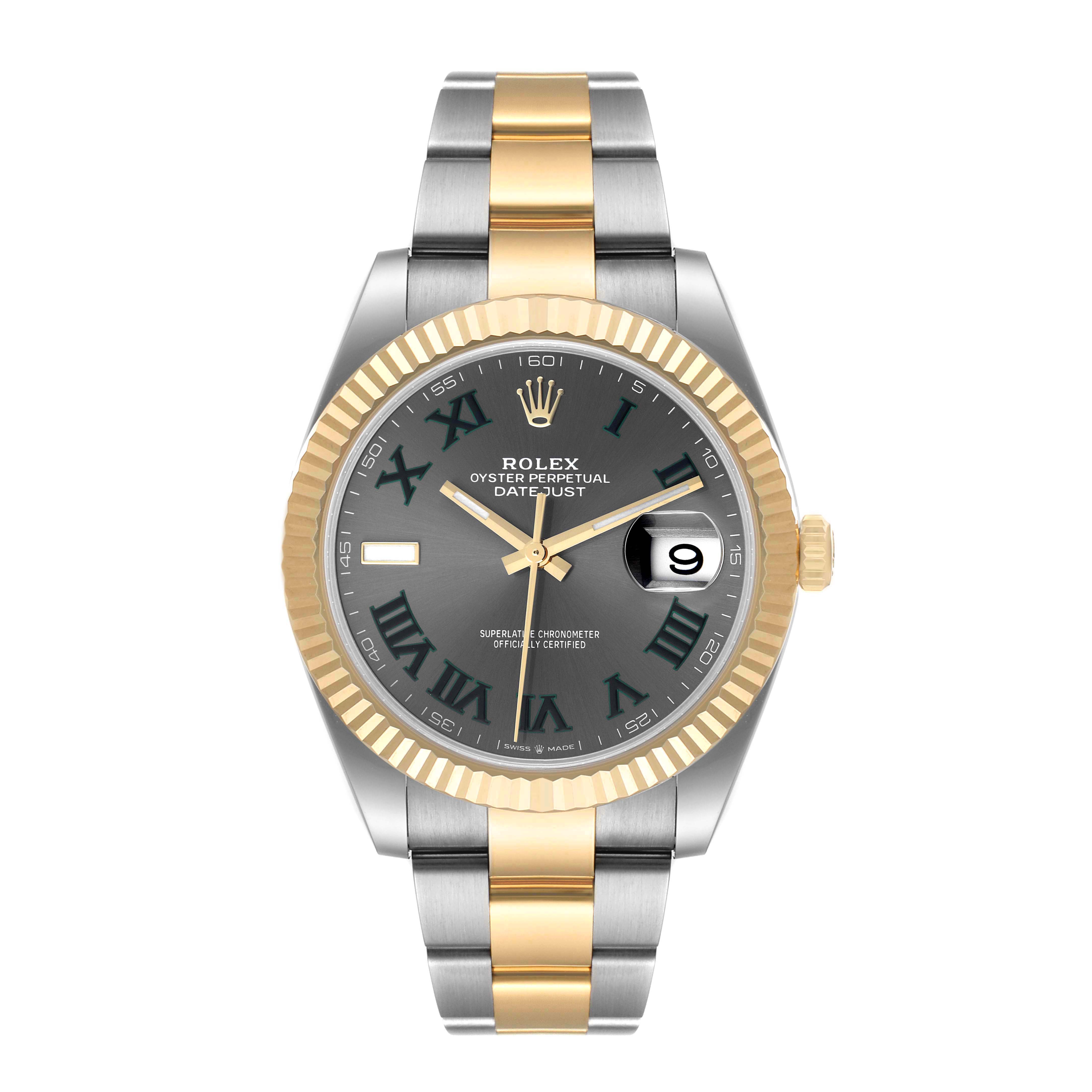 The image shows a Rolex Datejust 41 126333 Men's Steel and Gold (two tone) Grey Dial 126333 Men's Steel and Gold (two tone) Grey Dial watch from a front view, highlighting its two-tone bracelet, fluted bezel, gray dial, and date window.