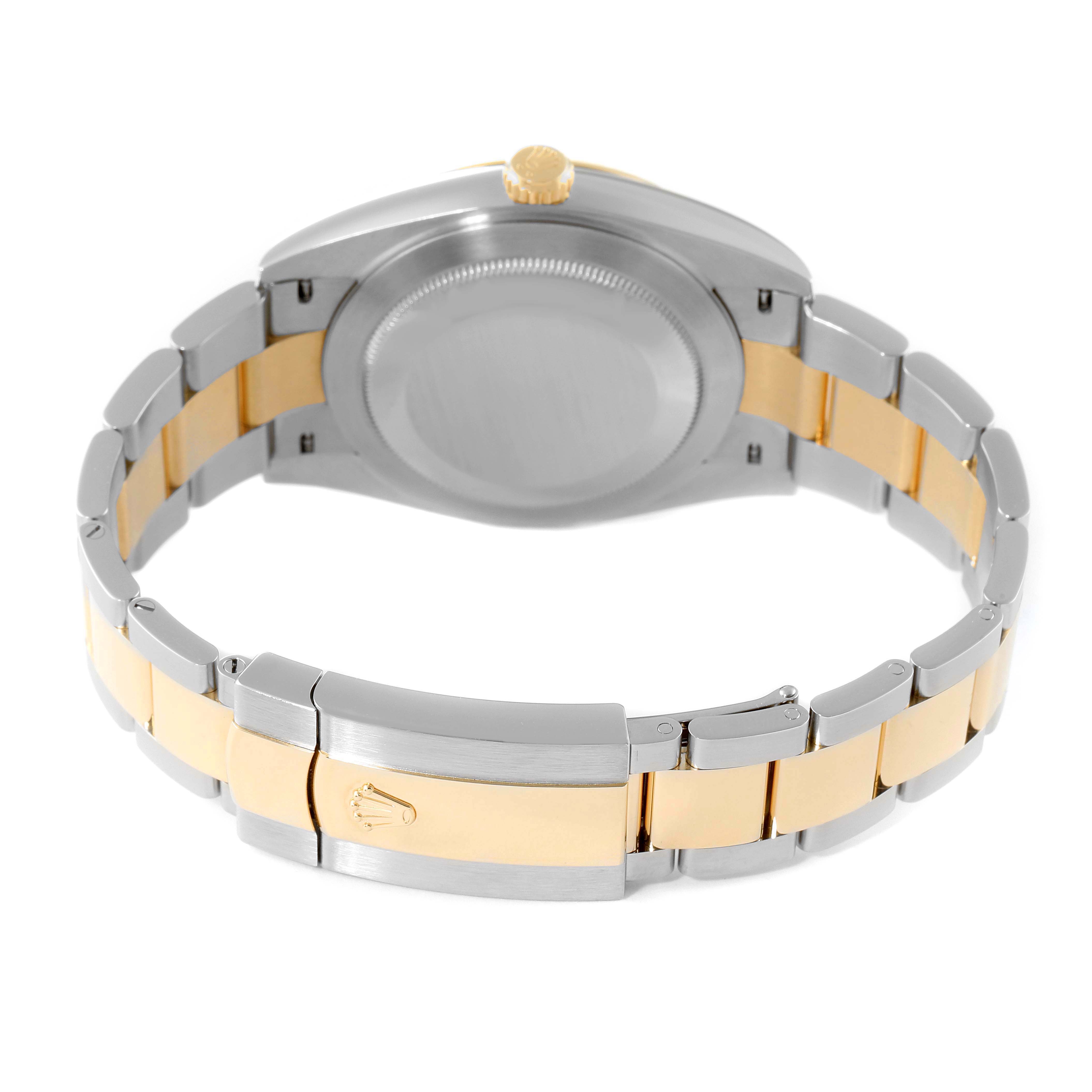 The image showcases the back view of a Rolex Datejust 41 126333 Men's Steel and Gold (two tone) Grey Dial 126333 Men's Steel and Gold (two tone) Grey Dial watch, highlighting its case, bracelet, and clasp.