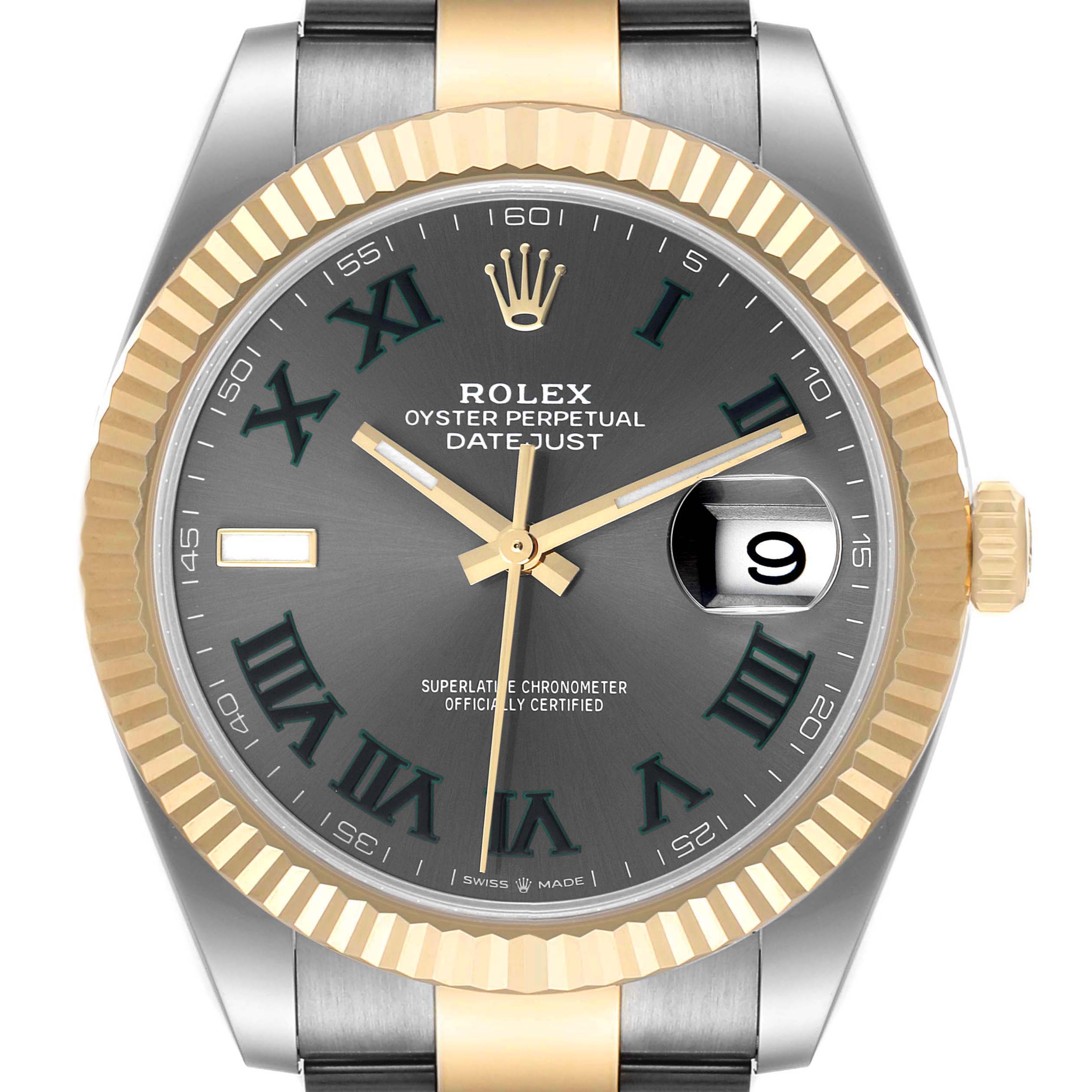 The image shows a front view of the Rolex Datejust 41 126333 Men's Steel and Gold (two tone) Grey Dial 126333 Men's Steel and Gold (two tone) Grey Dial, highlighting its dial, bezel, hands, and crown.