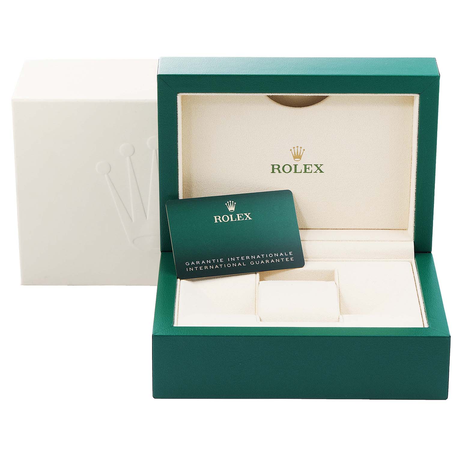 The image shows a green Rolex Datejust 41 126333 Men's Steel and Gold (two tone) Grey Dial 126333 Men's Steel and Gold (two tone) Grey Dial watch box, an international guarantee card, and an outer white box, viewed from the front.