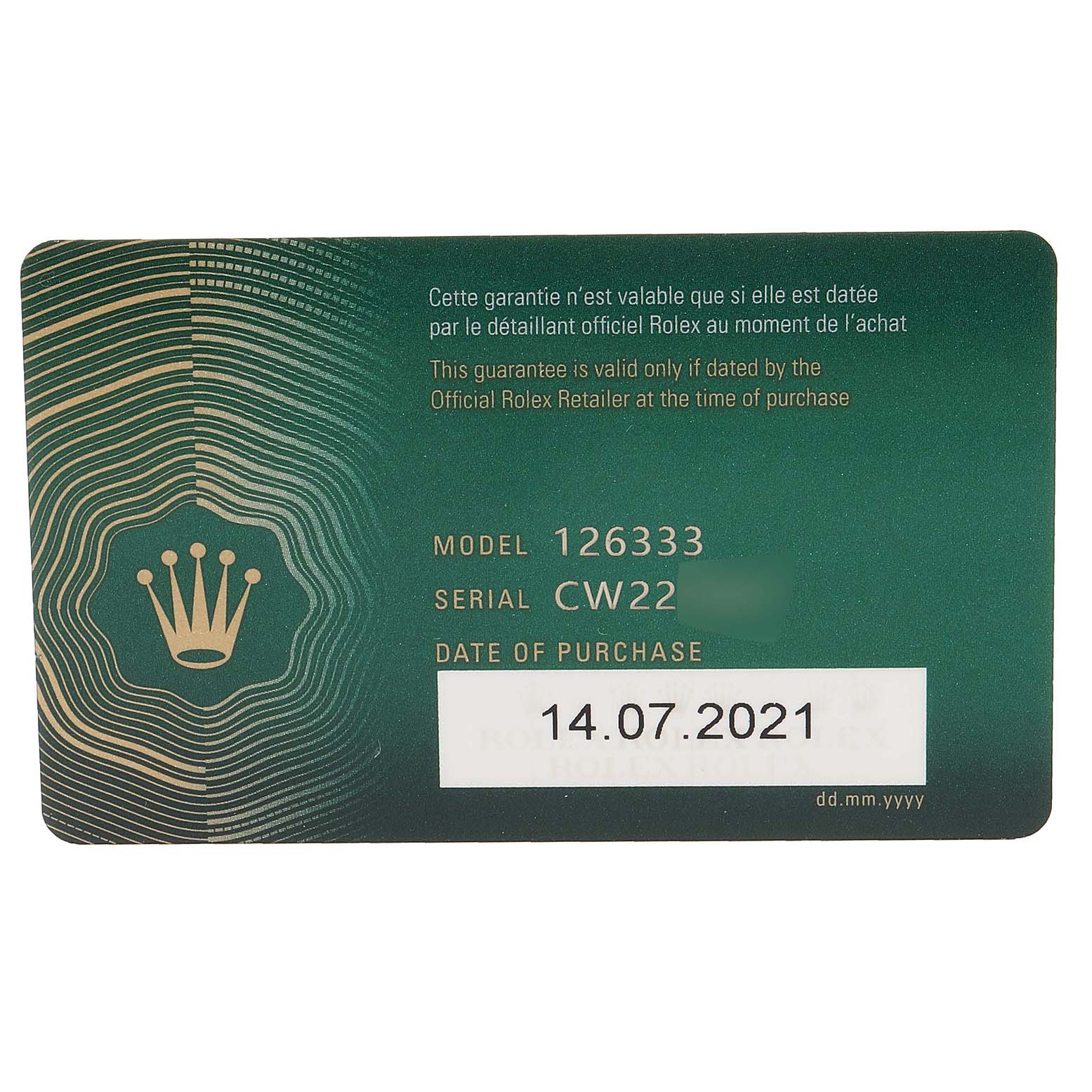 This image shows the warranty card for a Rolex Datejust 41 126333 Men's Steel and Gold (two tone) Grey Dial 126333 Men's Steel and Gold (two tone) Grey Dial model, including details like the model number and purchase date.
