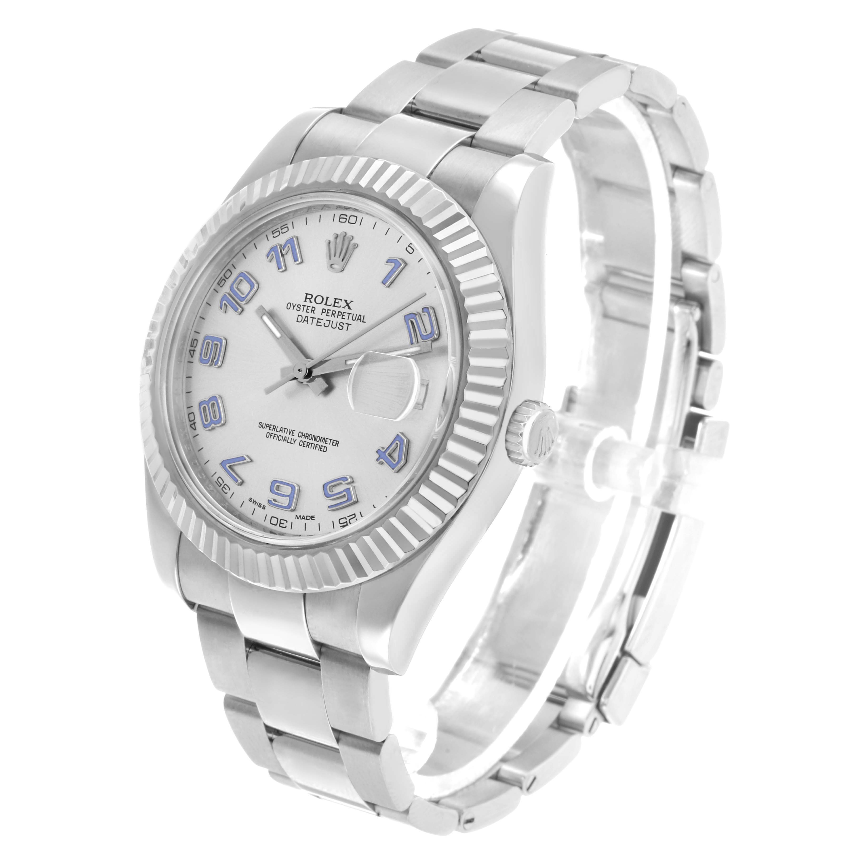 The Rolex Datejust 41 116334 Men's Stainless Steel Black Dial is shown from a three-quarter angle, highlighting the dial, case, bezel, crown, and bracelet.