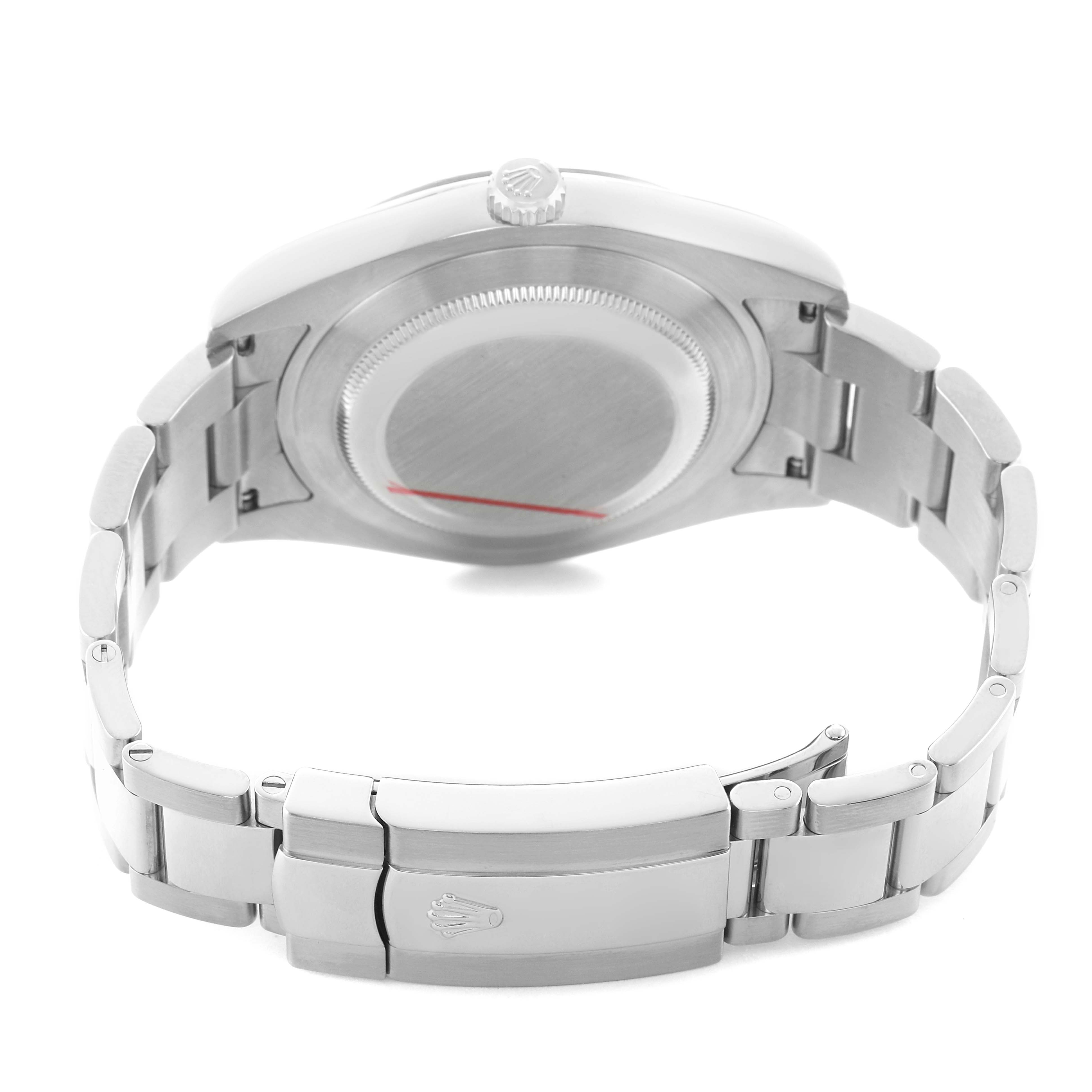 The image shows the back view of a Rolex Datejust 41 116334 Men's Stainless Steel Black Dial, highlighting the case back, bracelet, and clasp.