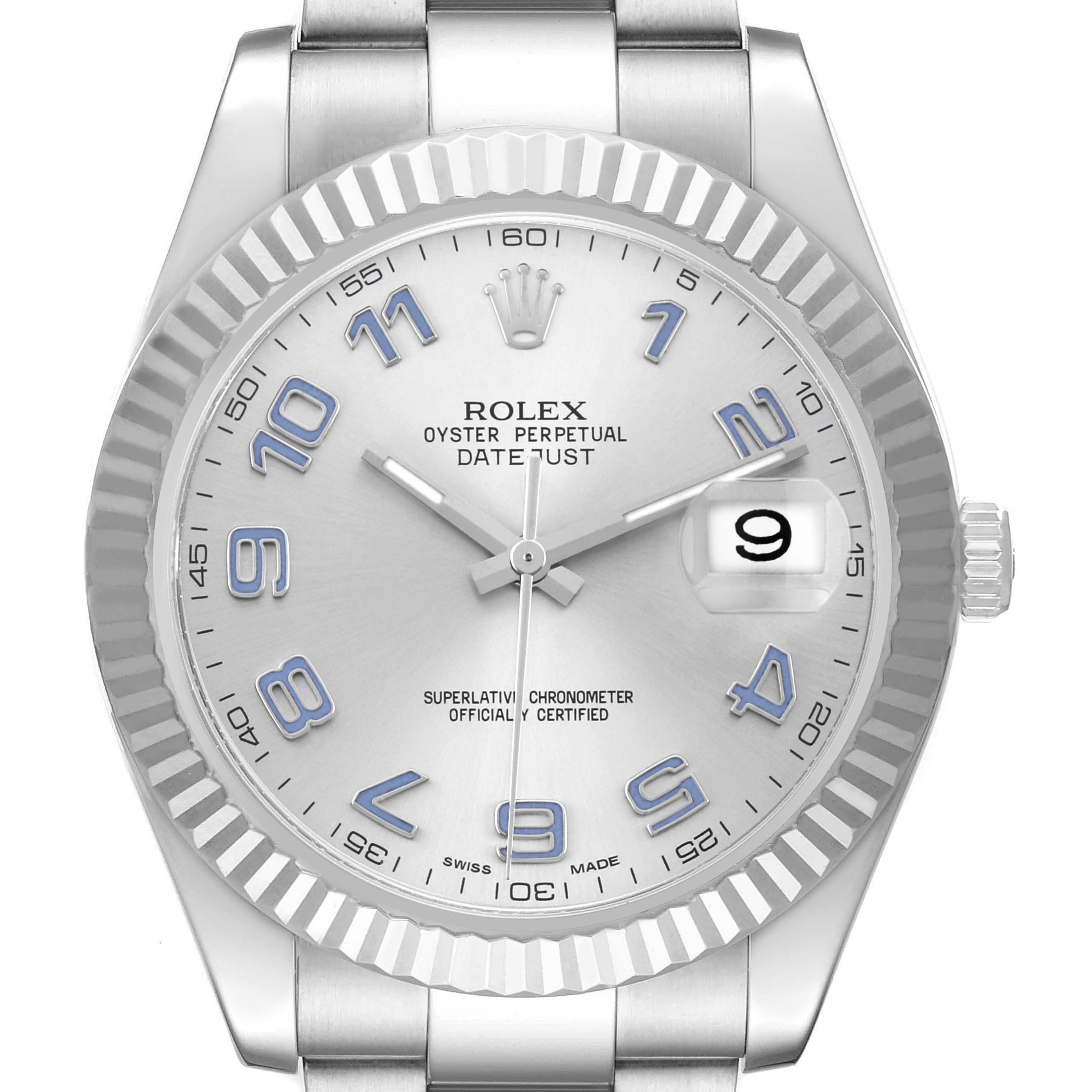 The Rolex Datejust 41 116334 Men's Stainless Steel Black Dial watch is shown from a frontal angle, displaying the dial, hands, fluted bezel, and part of the bracelet.