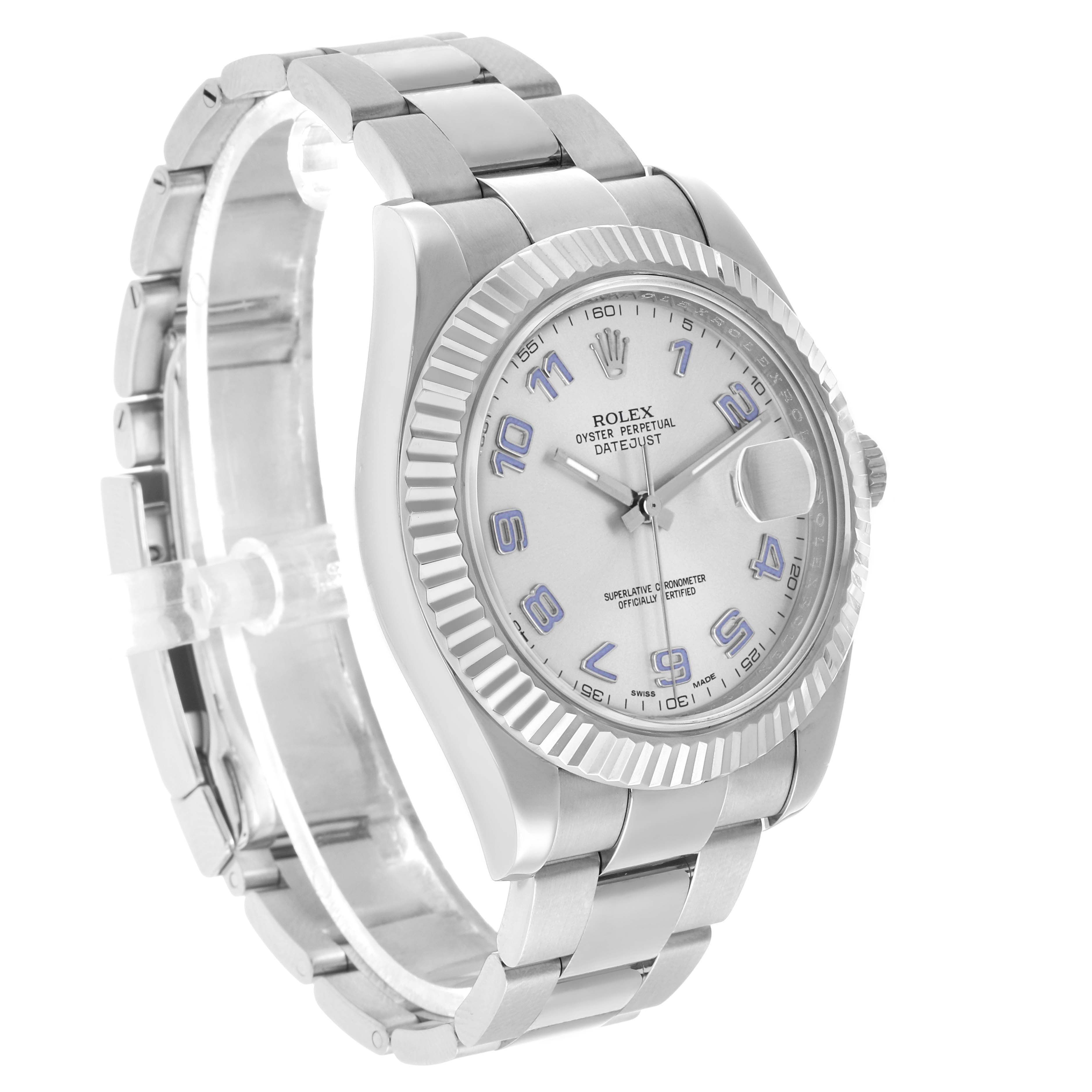 The Rolex Datejust 41 116334 Men's Stainless Steel Black Dial is shown at a slight angle, displaying the face, bezel, crown, and part of the bracelet.