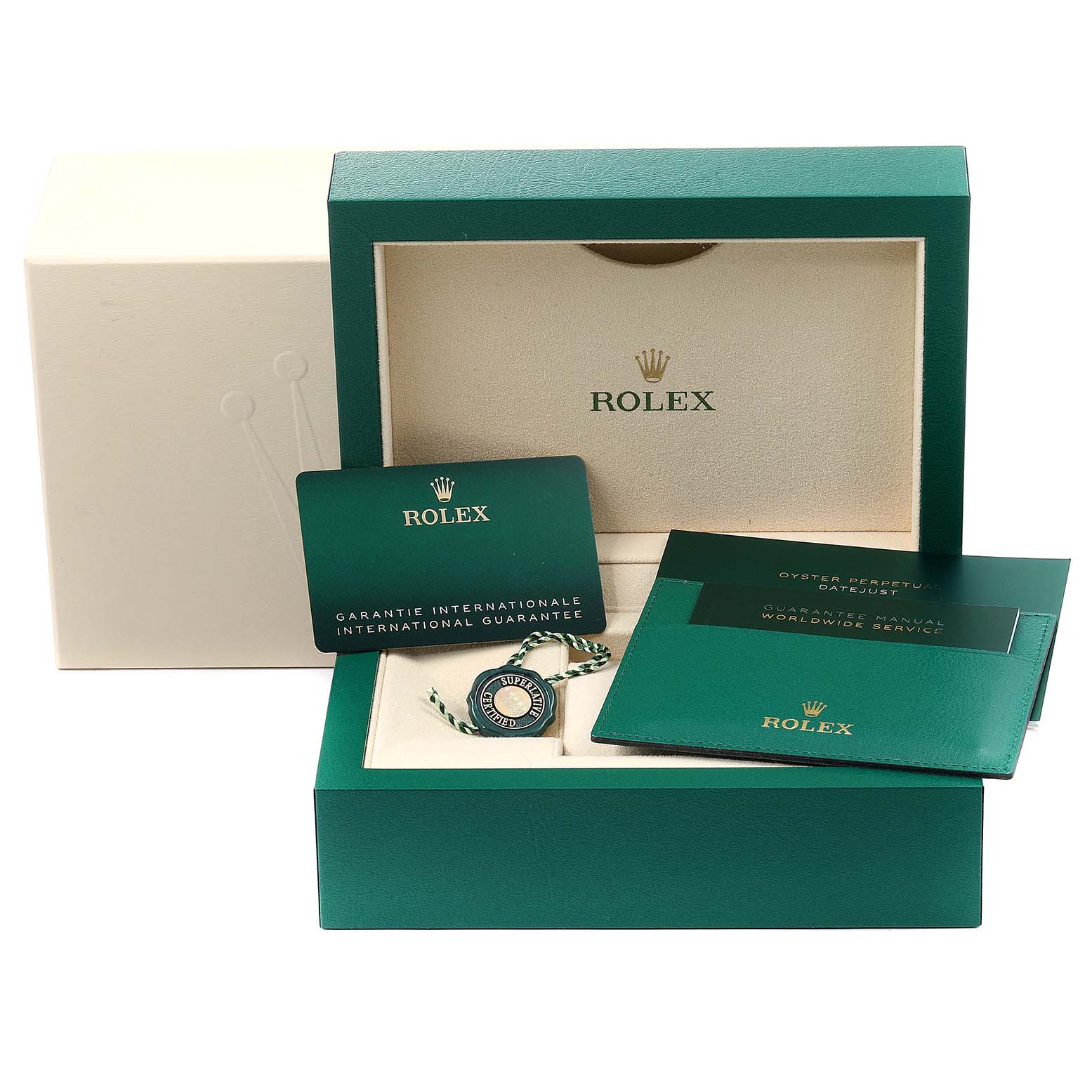 The image shows the box, international guarantee card, manual, and tag for a Rolex Mid-Size 278240 Women's Stainless Steel Green Dial 278240 Women's Stainless Steel Green Dial model watch.