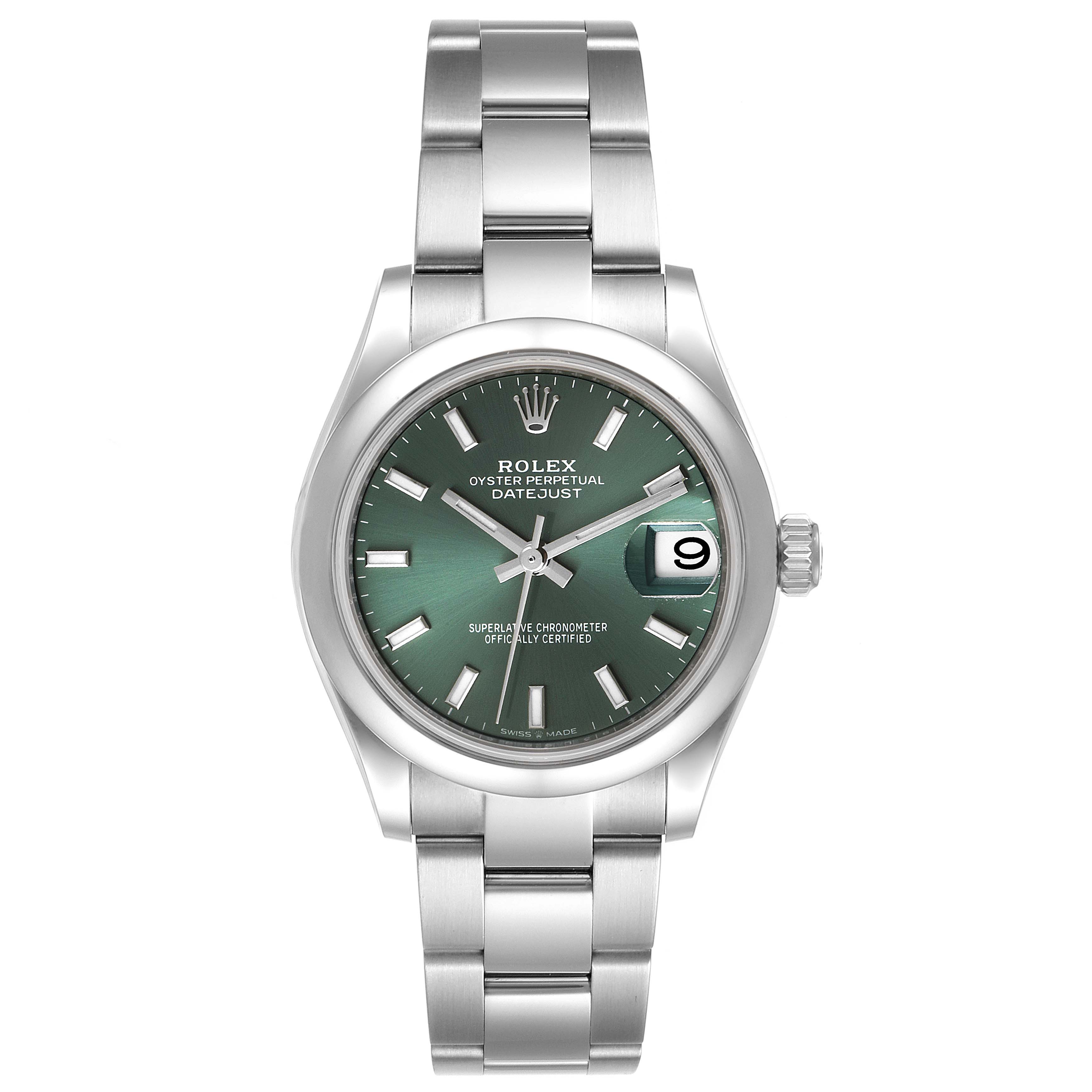 The image shows a front view of a Rolex Mid-Size 278240 Women's Stainless Steel Green Dial 278240 Women's Stainless Steel Green Dial Oyster Perpetual Datejust watch, displaying the dial, bezel, and bracelet.