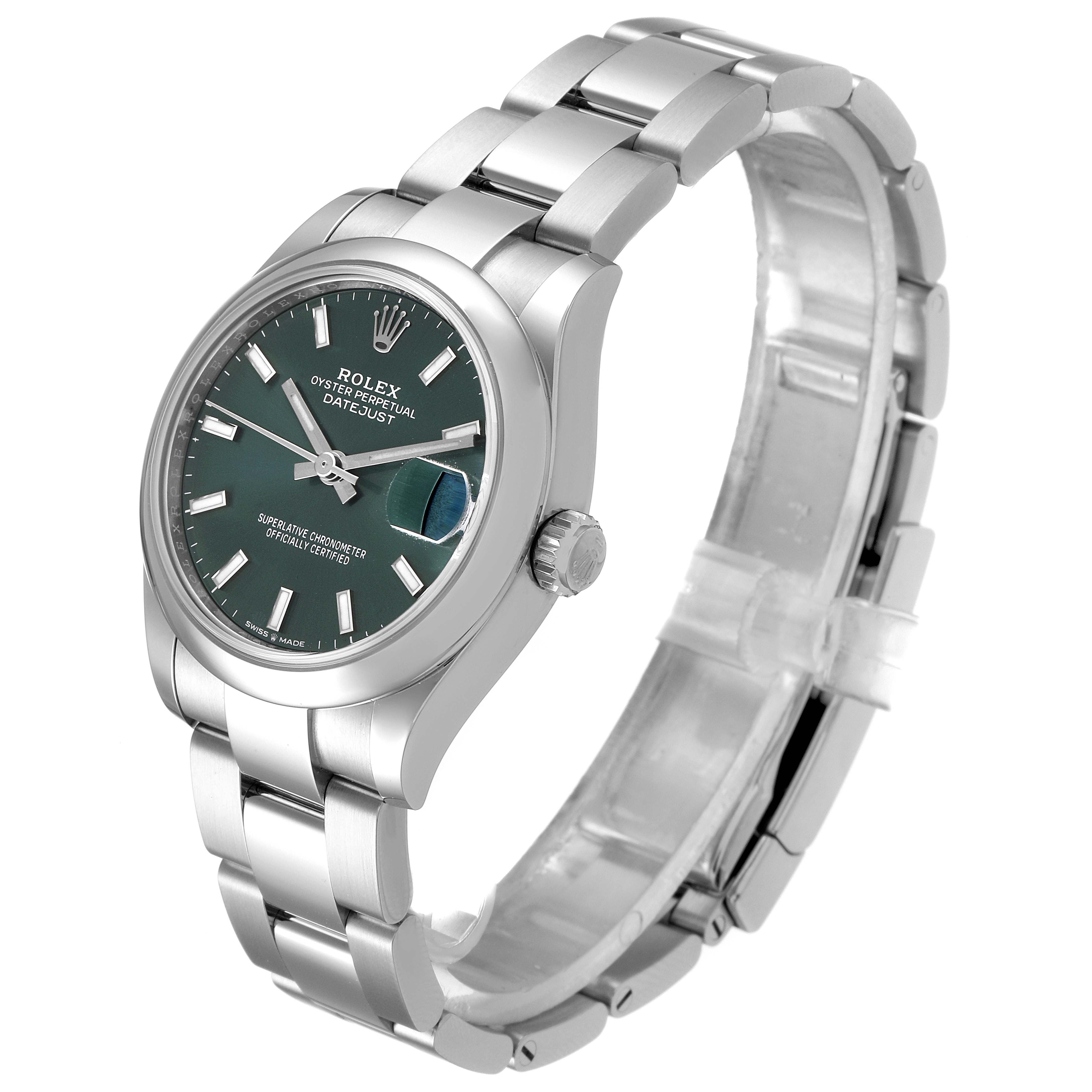 This image shows a side-angle view of a Rolex Mid-Size 278240 Women's Stainless Steel Green Dial 278240 Women's Stainless Steel Green Dial watch featuring the face, bracelet, and clasp.
