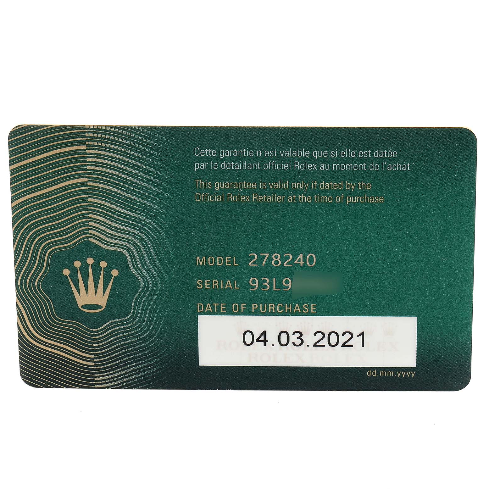 The image shows a guarantee card for a Rolex Mid-Size 278240 Women's Stainless Steel Green Dial 278240 Women's Stainless Steel Green Dial model 278240, displaying the serial number and purchase date.