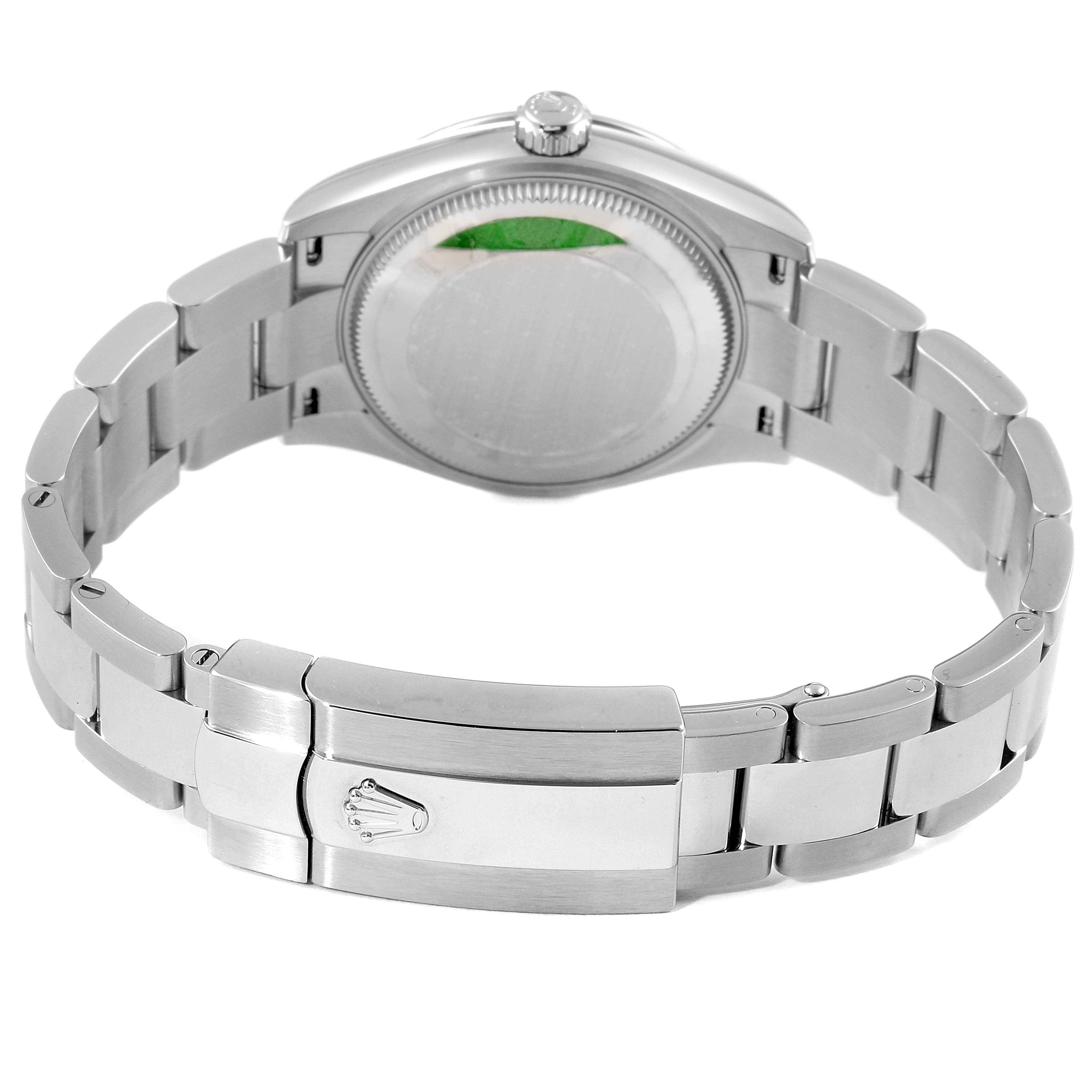 This image shows the rear view of a Rolex Mid-Size 278240 Women's Stainless Steel Green Dial 278240 Women's Stainless Steel Green Dial model watch, focusing on the bracelet, clasp, and case back.