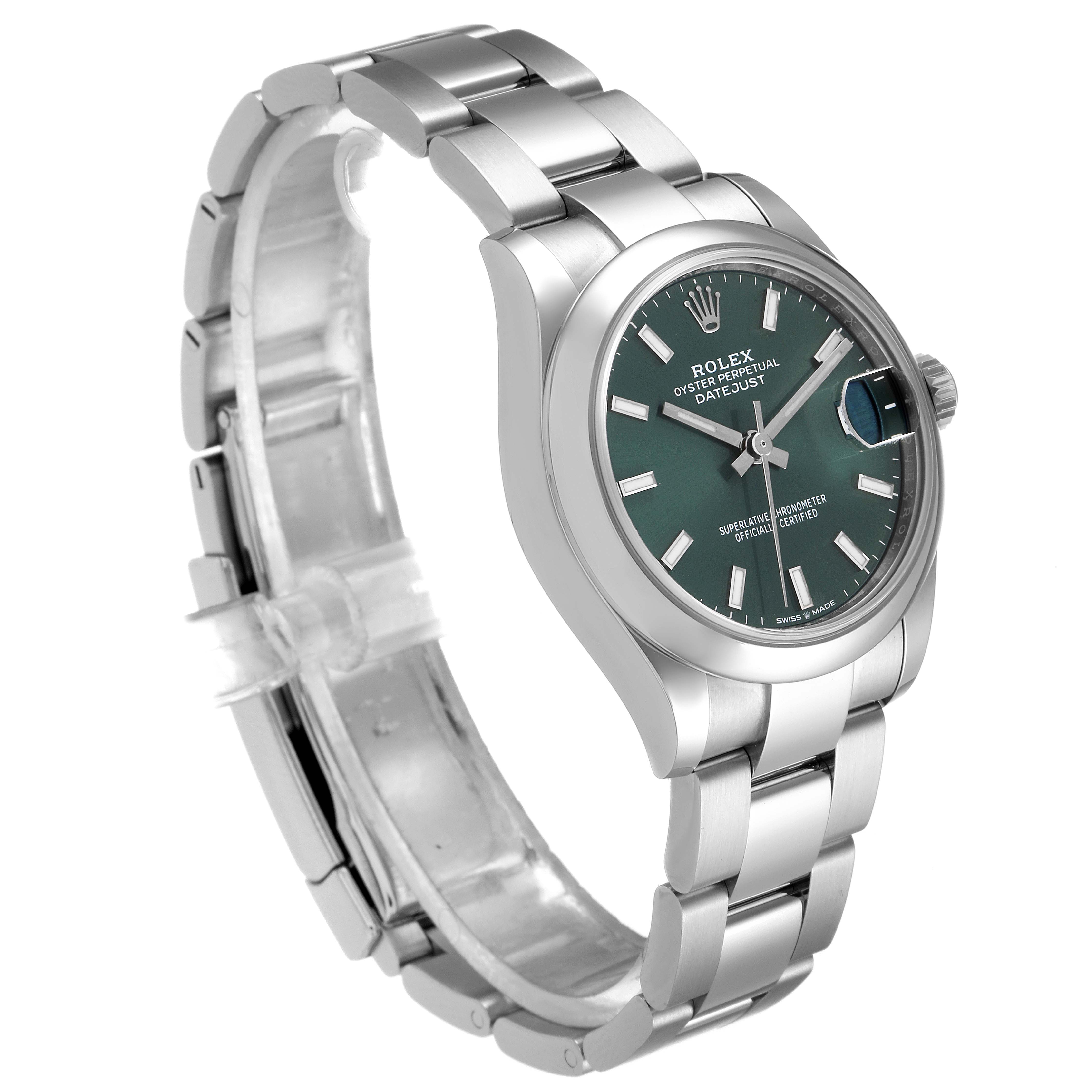 The Rolex Mid-Size 278240 Women's Stainless Steel Green Dial 278240 Women's Stainless Steel Green Dial model watch is shown at a three-quarter angle, highlighting the bracelet, dial, and bezel.