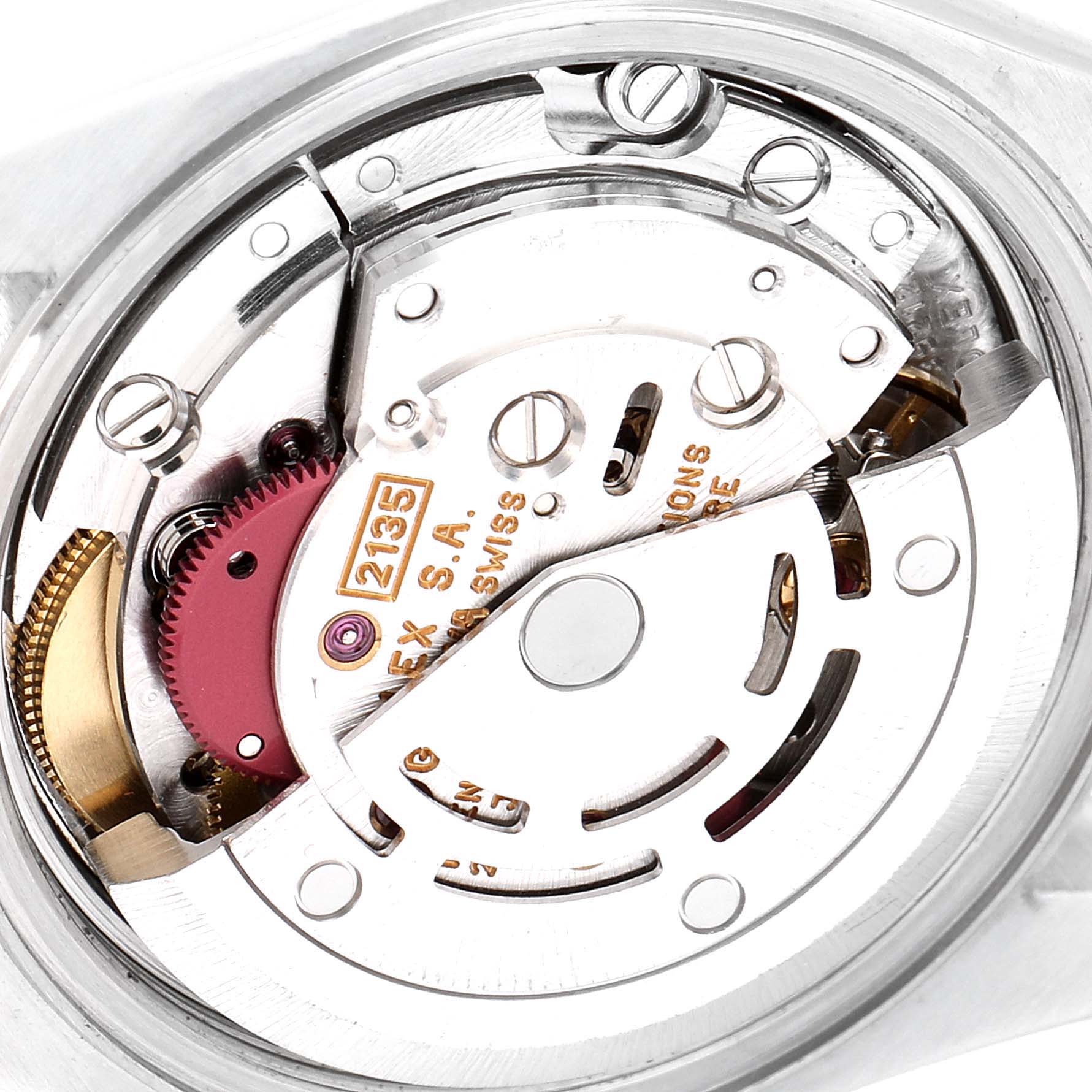 This is an overhead view showing the internal mechanism of the Rolex Datejust 69174 Women's Stainless Steel Black Dial 69174 Women's Stainless Steel Black Dial watch, highlighting the movement components.