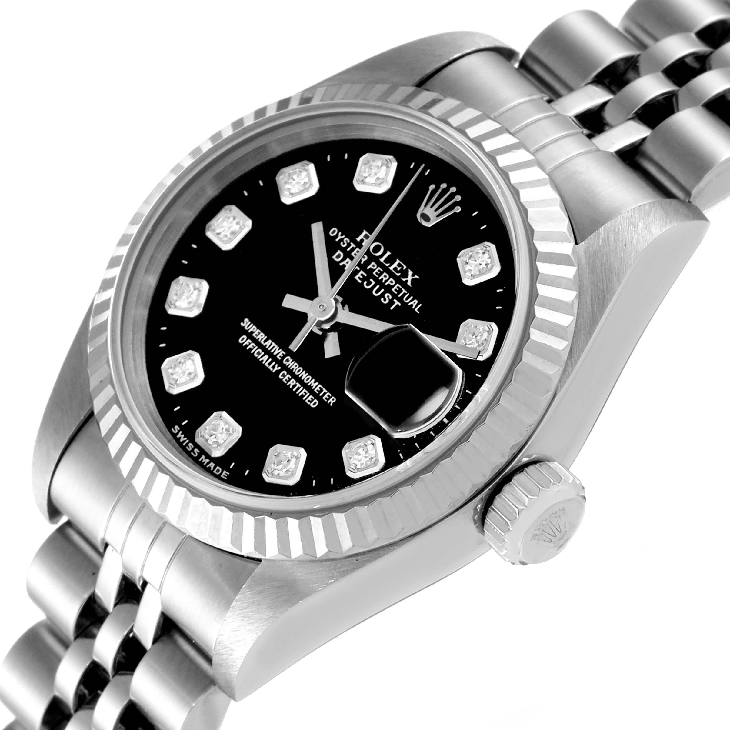 This image shows a close-up of a Rolex Datejust 69174 Women's Stainless Steel Black Dial 69174 Women's Stainless Steel Black Dial watch, highlighting its dial, bezel, crown, and part of the bracelet.