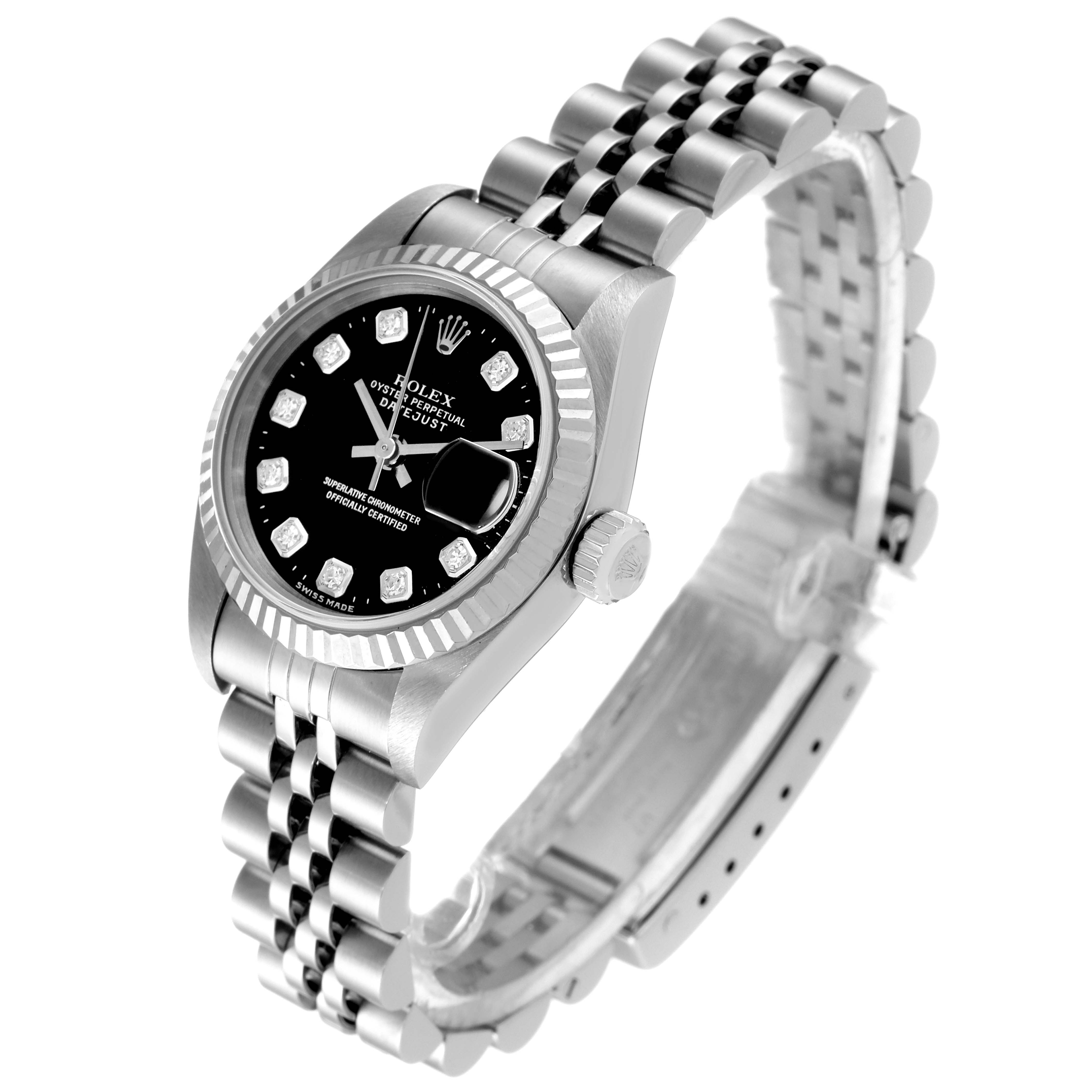 The Rolex Datejust 69174 Women's Stainless Steel Black Dial 69174 Women's Stainless Steel Black Dial watch is shown at an angled side view, displaying its dial, crown, bezel, and bracelet.