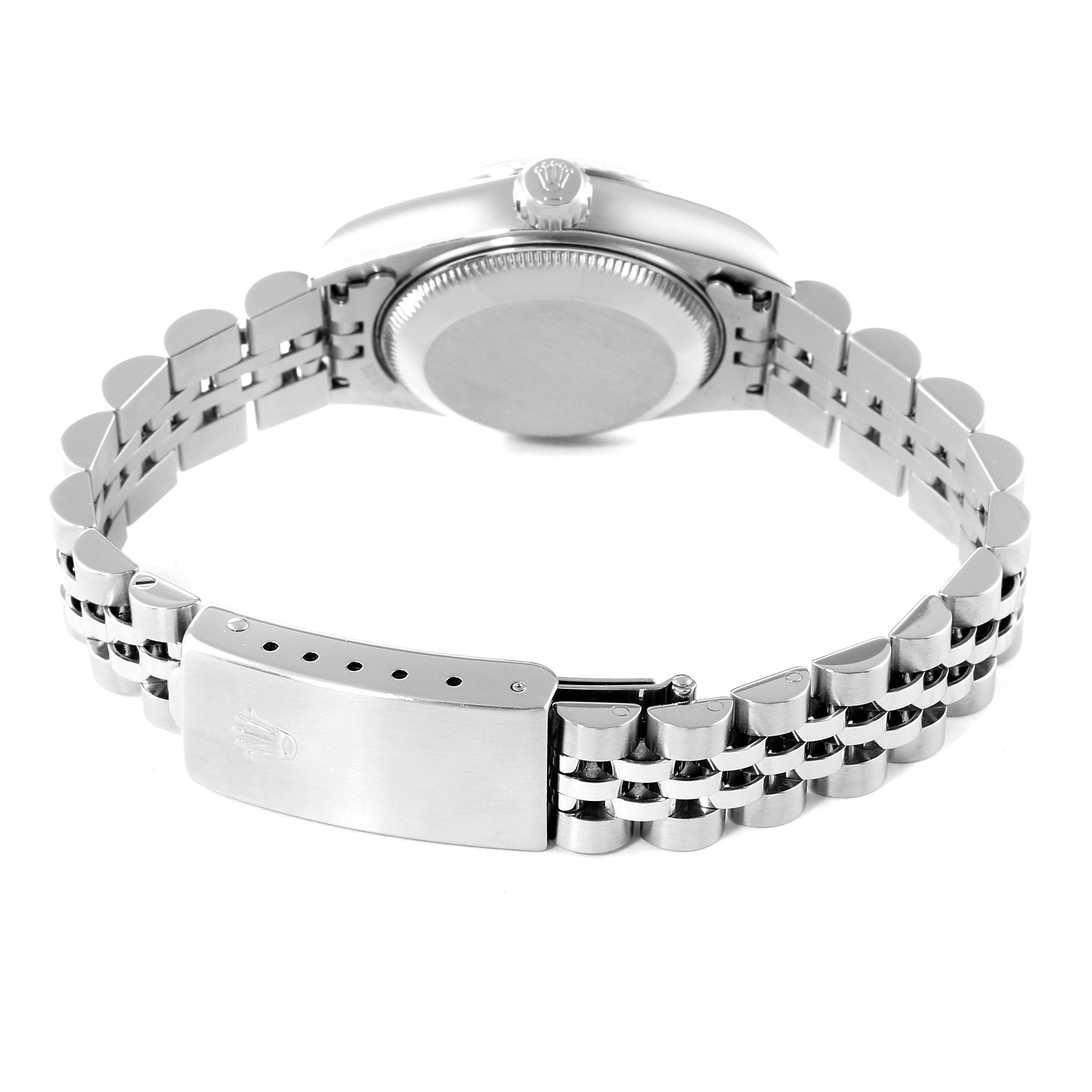 The image shows the back angle of the Rolex Datejust 69174 Women's Stainless Steel Black Dial 69174 Women's Stainless Steel Black Dial watch, highlighting the case back, crown, and the Jubilee bracelet with clasp.