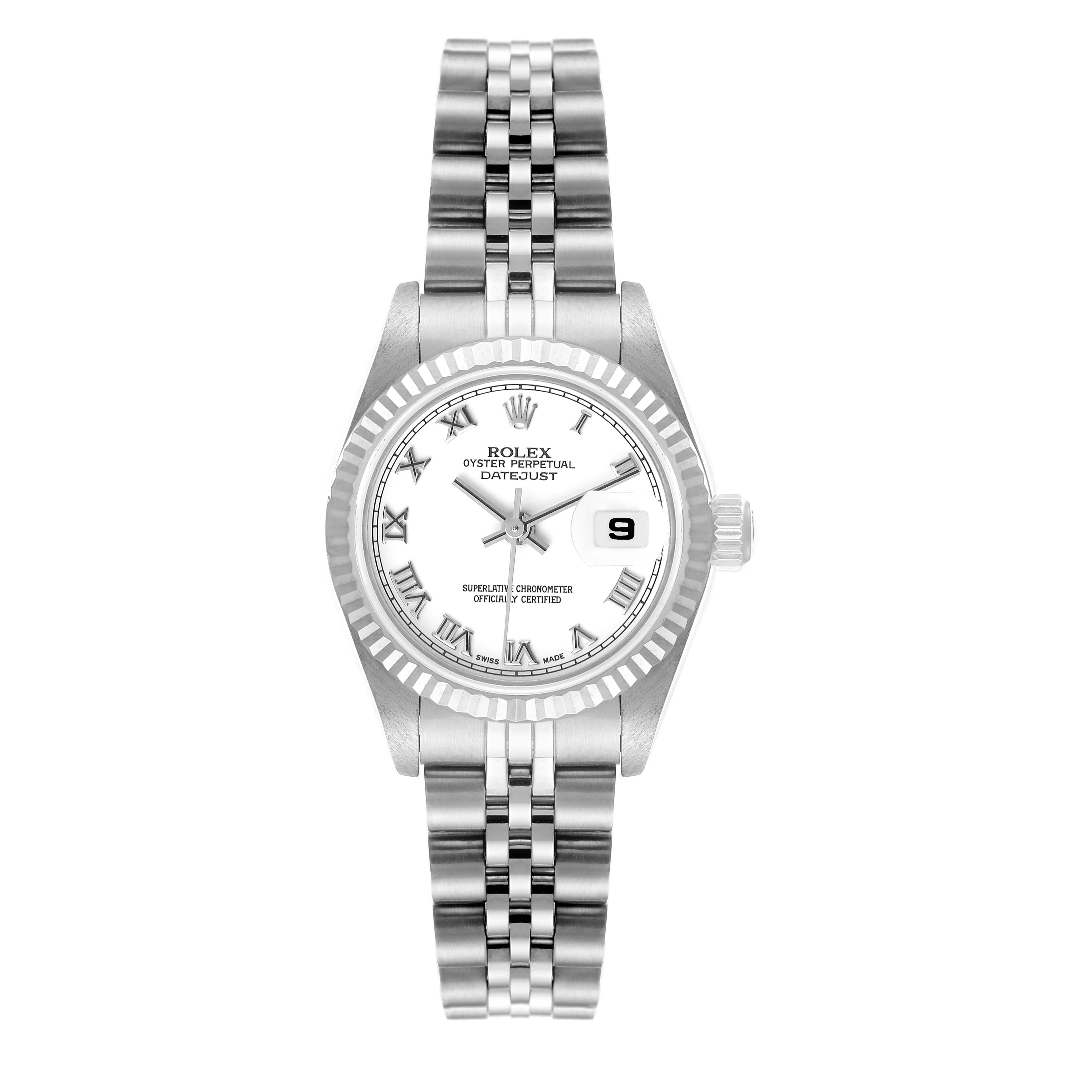 This is a front view of a Rolex Datejust 79174 Women's Stainless Steel White Dial 79174 Women's Stainless Steel White Dial watch, showing the dial, bracelet, bezel, and crown.