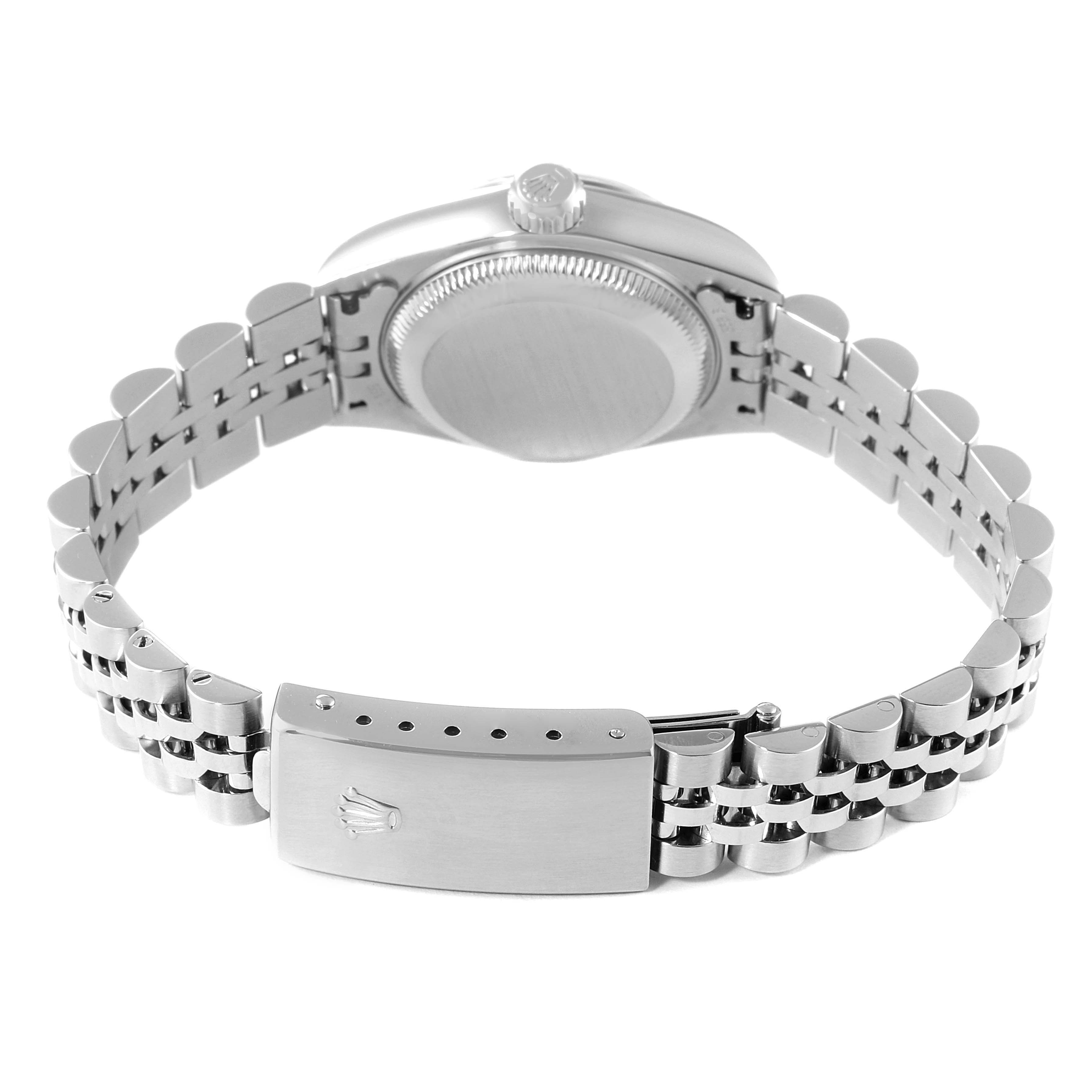 This image shows the back view and bracelet of a Rolex Datejust 79174 Women's Stainless Steel White Dial 79174 Women's Stainless Steel White Dial watch, highlighting its clasp and case back.