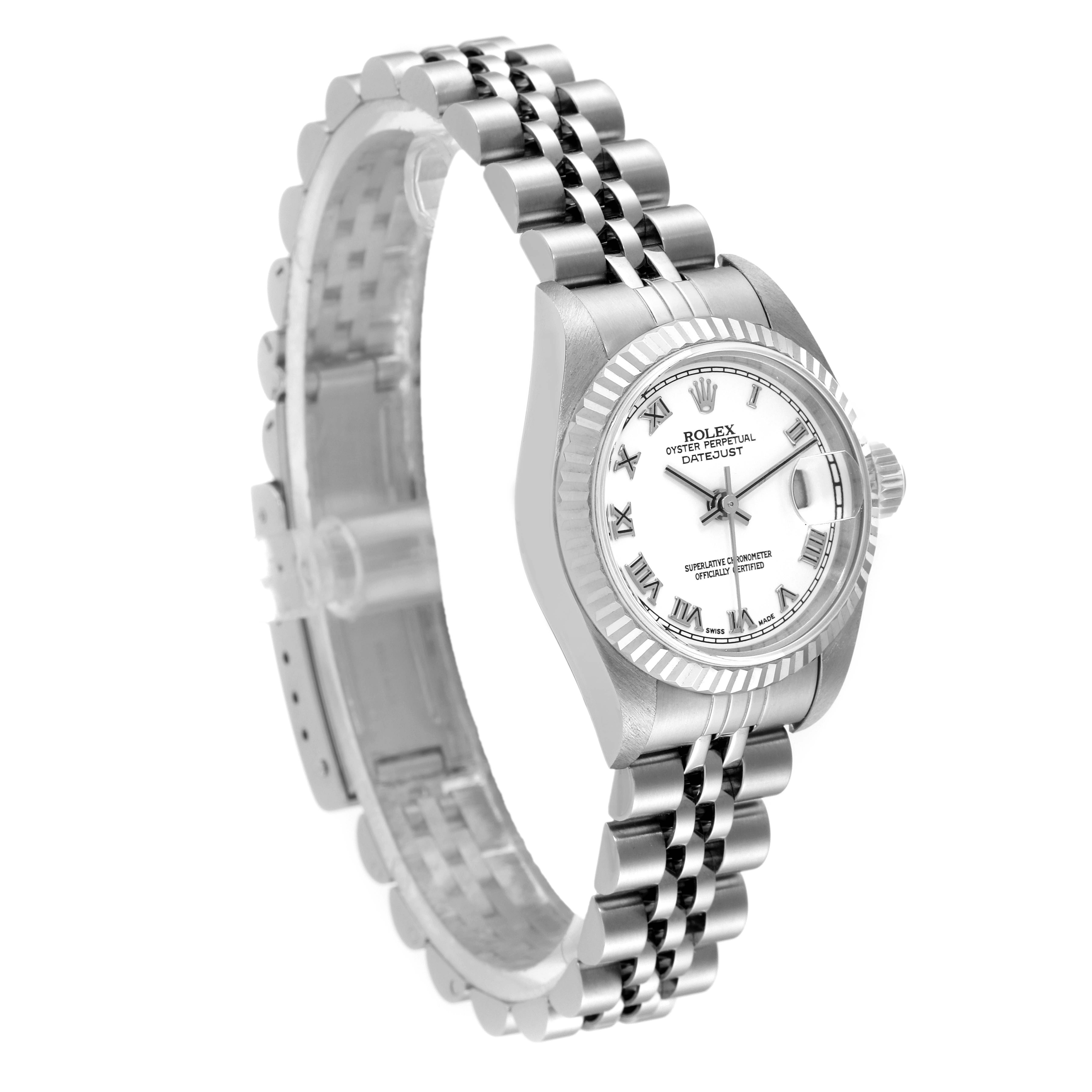 This is a Rolex Datejust 79174 Women's Stainless Steel White Dial 79174 Women's Stainless Steel White Dial watch shown at a slight side angle, displaying the bracelet, bezel, and face.
