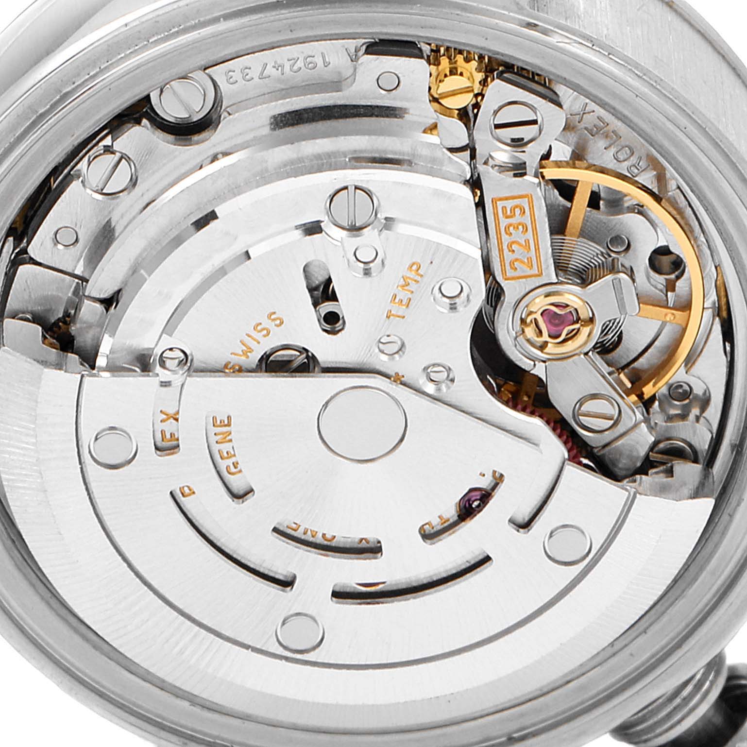 This image showcases the intricate movement and inner workings from the back of a Rolex Datejust 79174 Women's Stainless Steel White Dial 79174 Women's Stainless Steel White Dial watch.