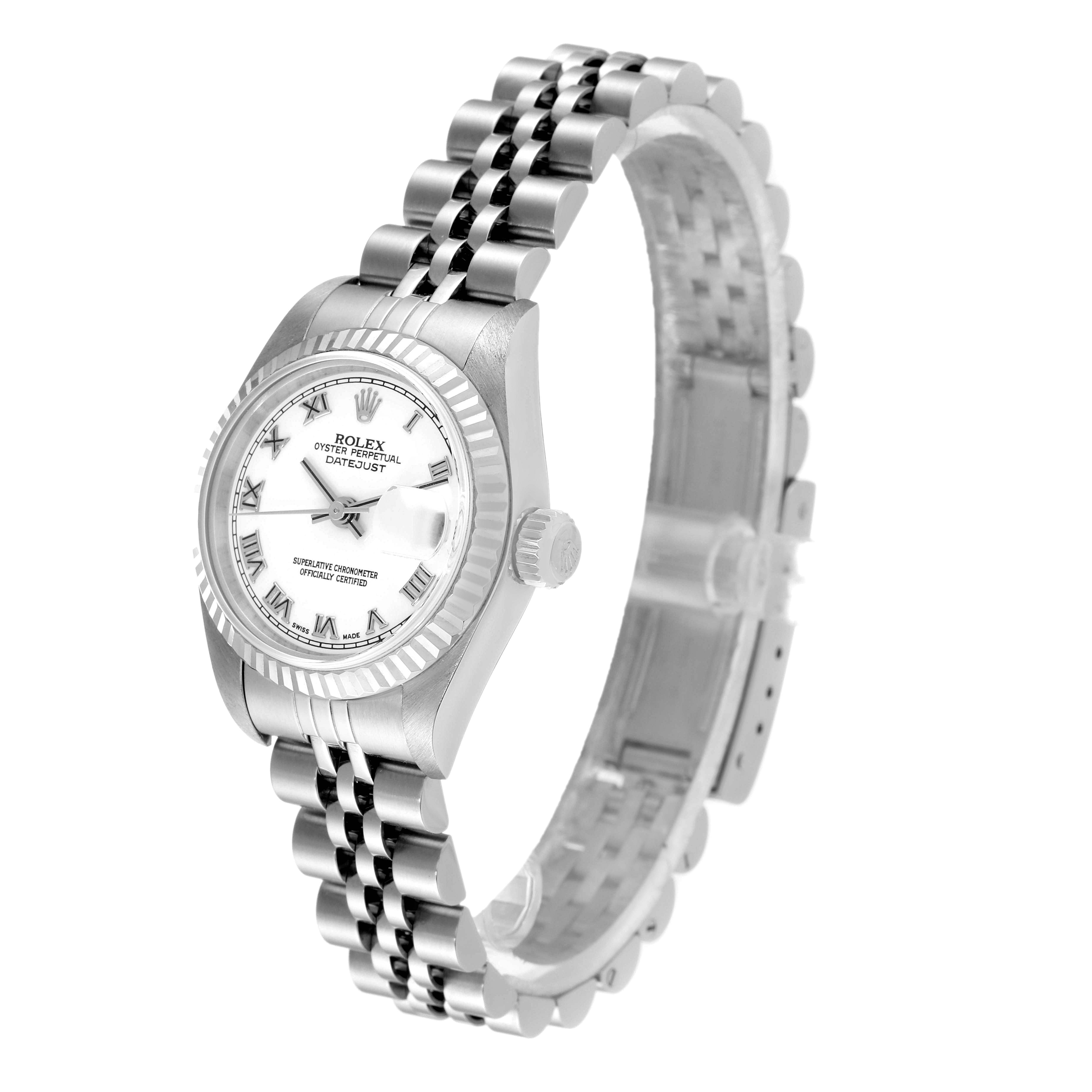 The Rolex Datejust 79174 Women's Stainless Steel White Dial 79174 Women's Stainless Steel White Dial watch is shown at an angle displaying its face, bezel, crown, and bracelet.