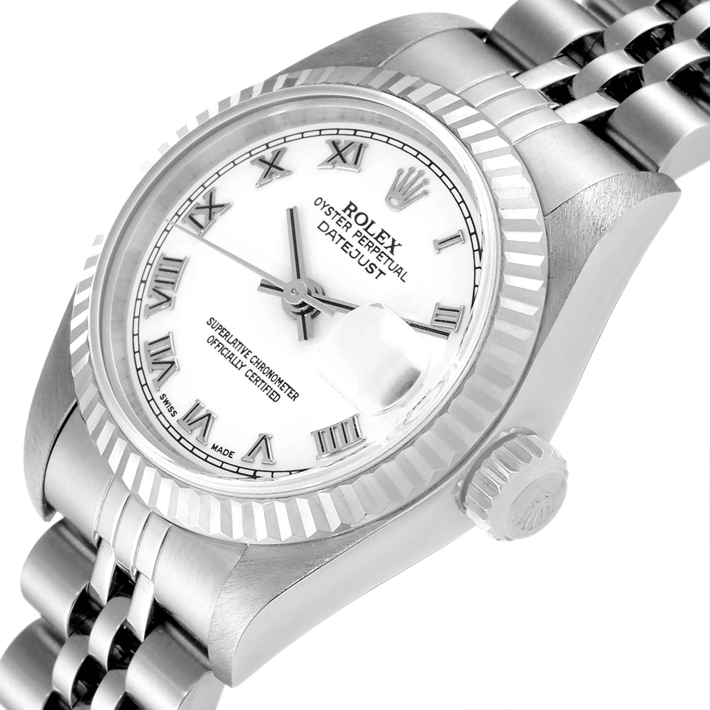 This Rolex Datejust 79174 Women's Stainless Steel White Dial 79174 Women's Stainless Steel White Dial watch is shown at an angle displaying the dial, bezel, crown, and part of the bracelet.