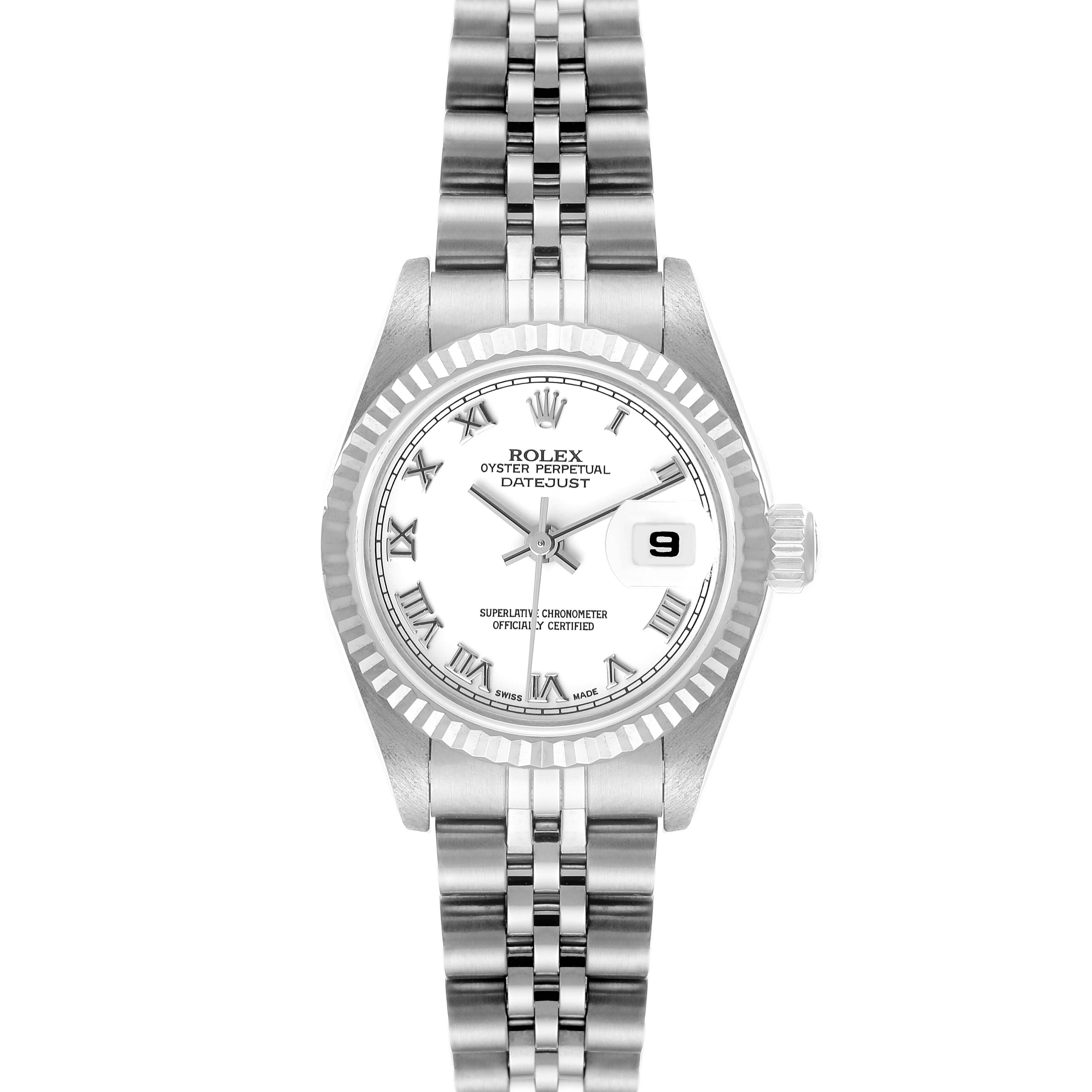 The image shows a front view of the Rolex Datejust 79174 Women's Stainless Steel White Dial 79174 Women's Stainless Steel White Dial watch, displaying the face, bezel, and bracelet.