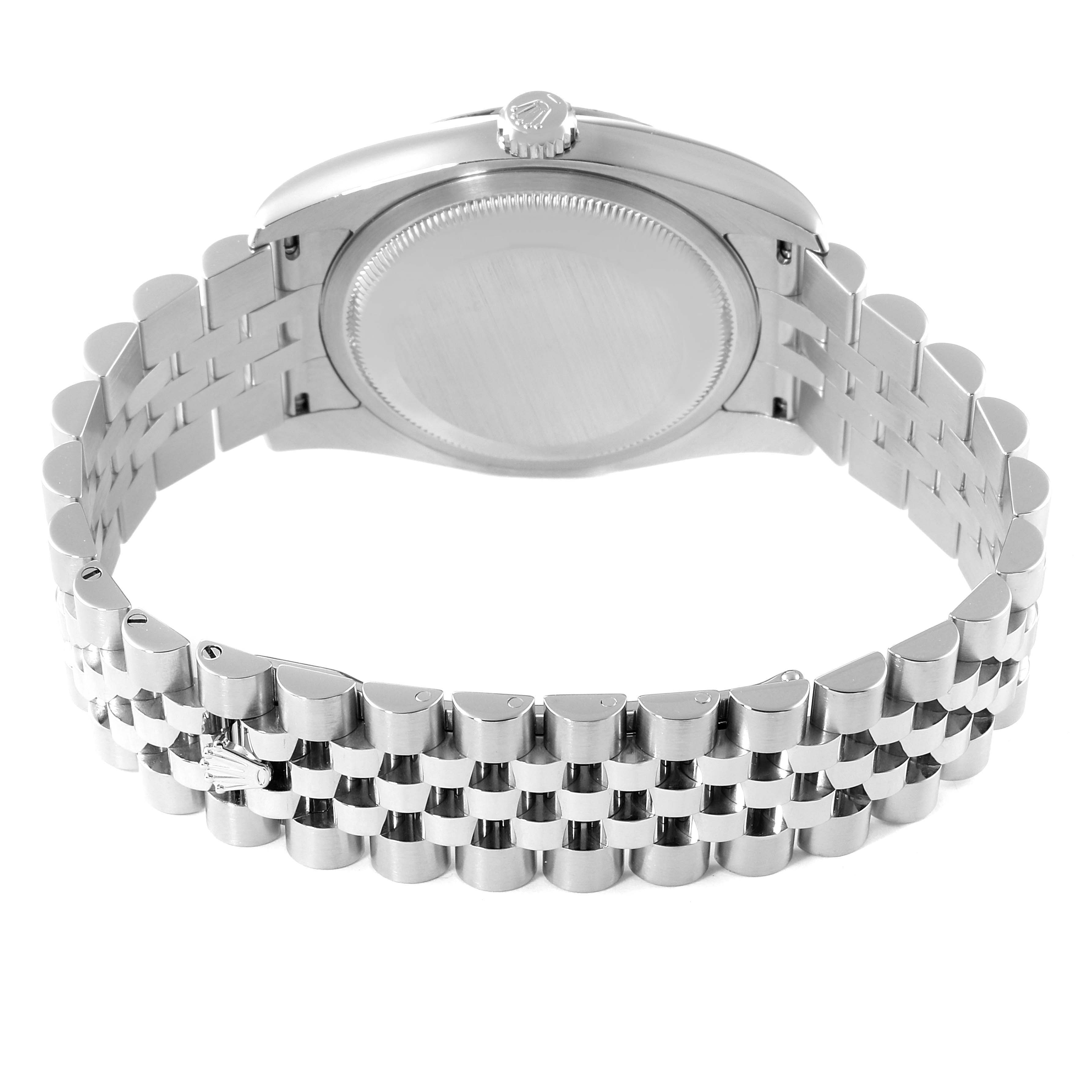 The image shows the back view of a Rolex Datejust 116234 Men's Stainless Steel Silver Dial 116234 Men's Stainless Steel Silver Dial watch, focusing on the case back and jubilee bracelet.