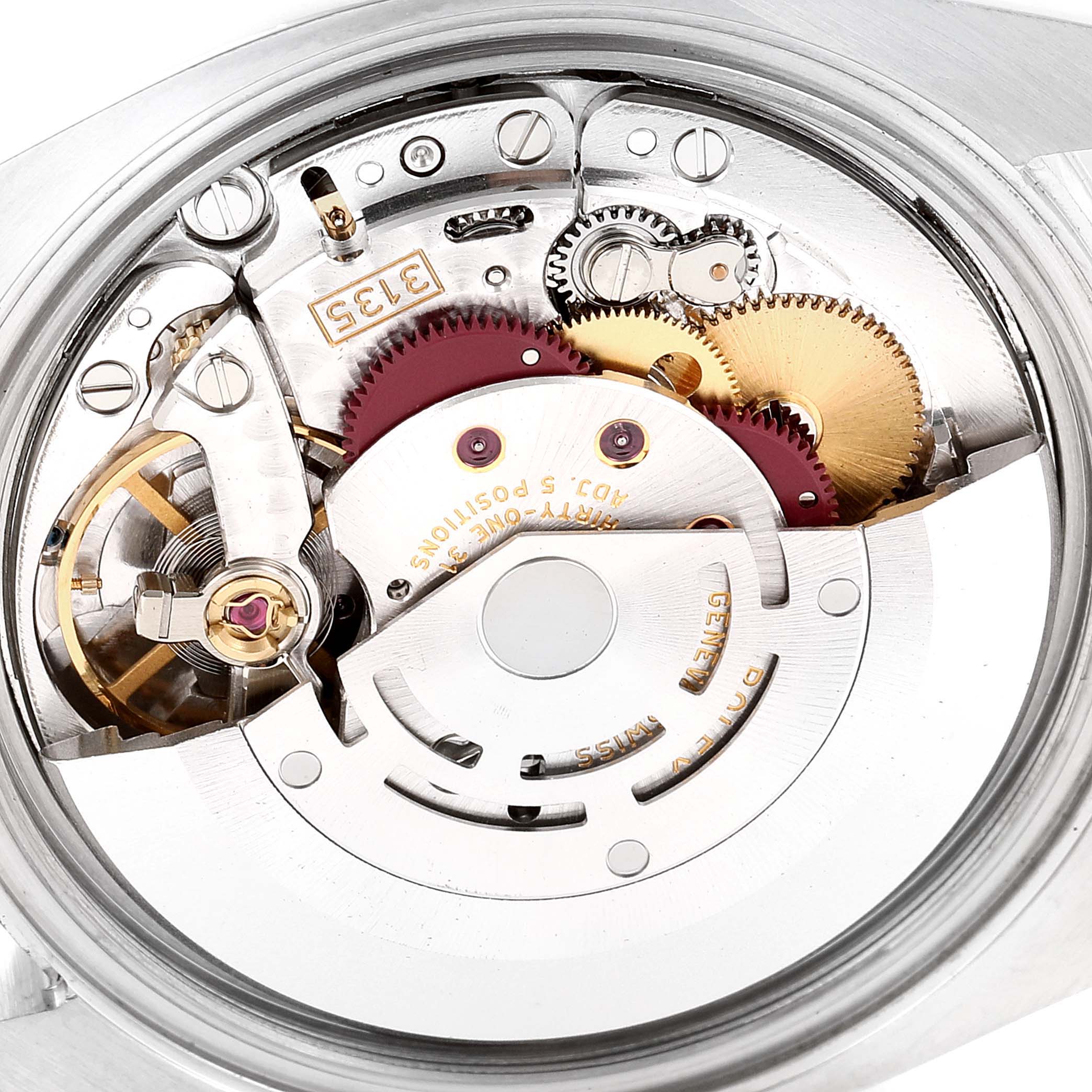 This image shows a close-up of the internal movement components of a Rolex Datejust 116234 Men's Stainless Steel Silver Dial 116234 Men's Stainless Steel Silver Dial watch from a back perspective.