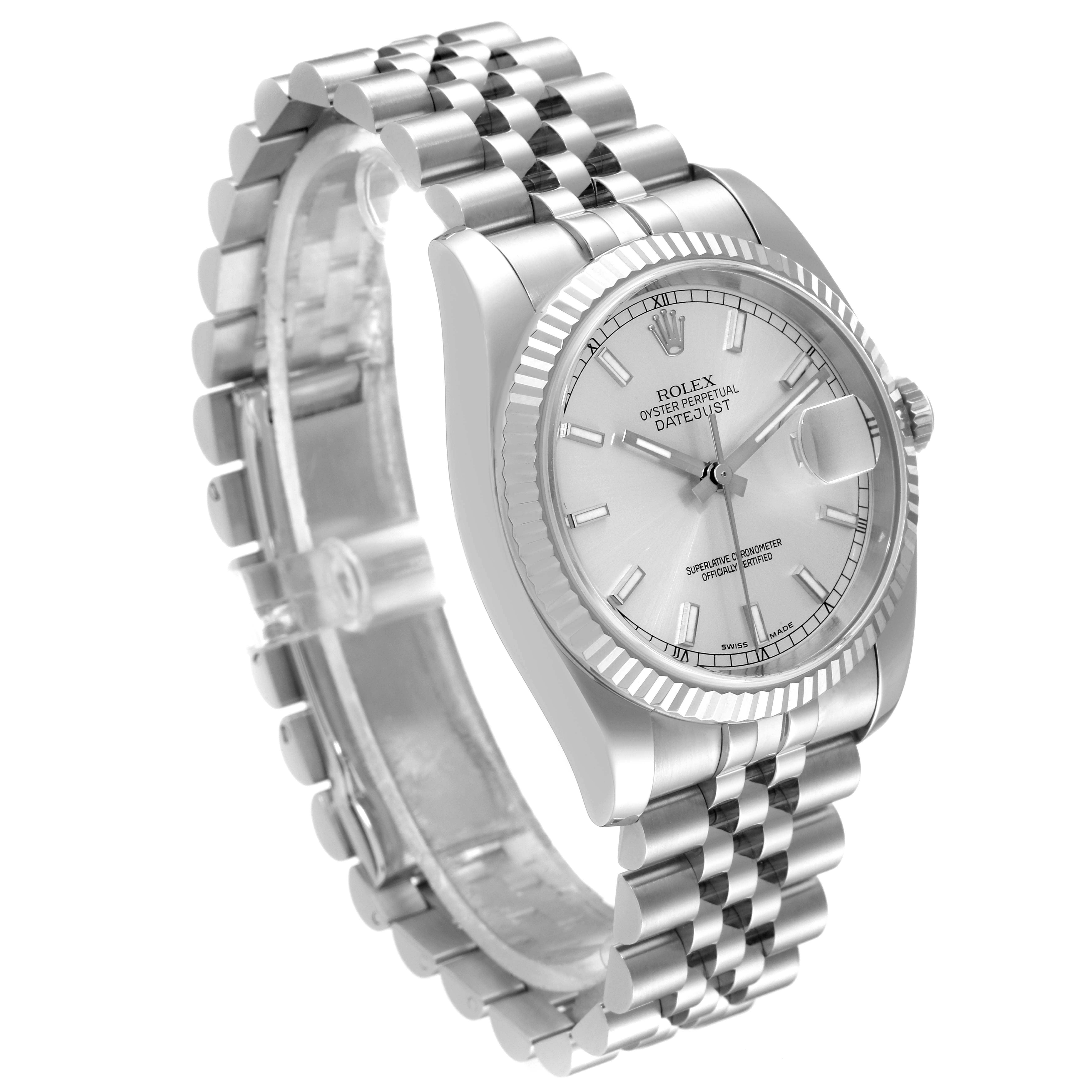 The image shows a Rolex Datejust 116234 Men's Stainless Steel Silver Dial 116234 Men's Stainless Steel Silver Dial watch at a three-quarter angle, highlighting its bracelet, dial, and fluted bezel.