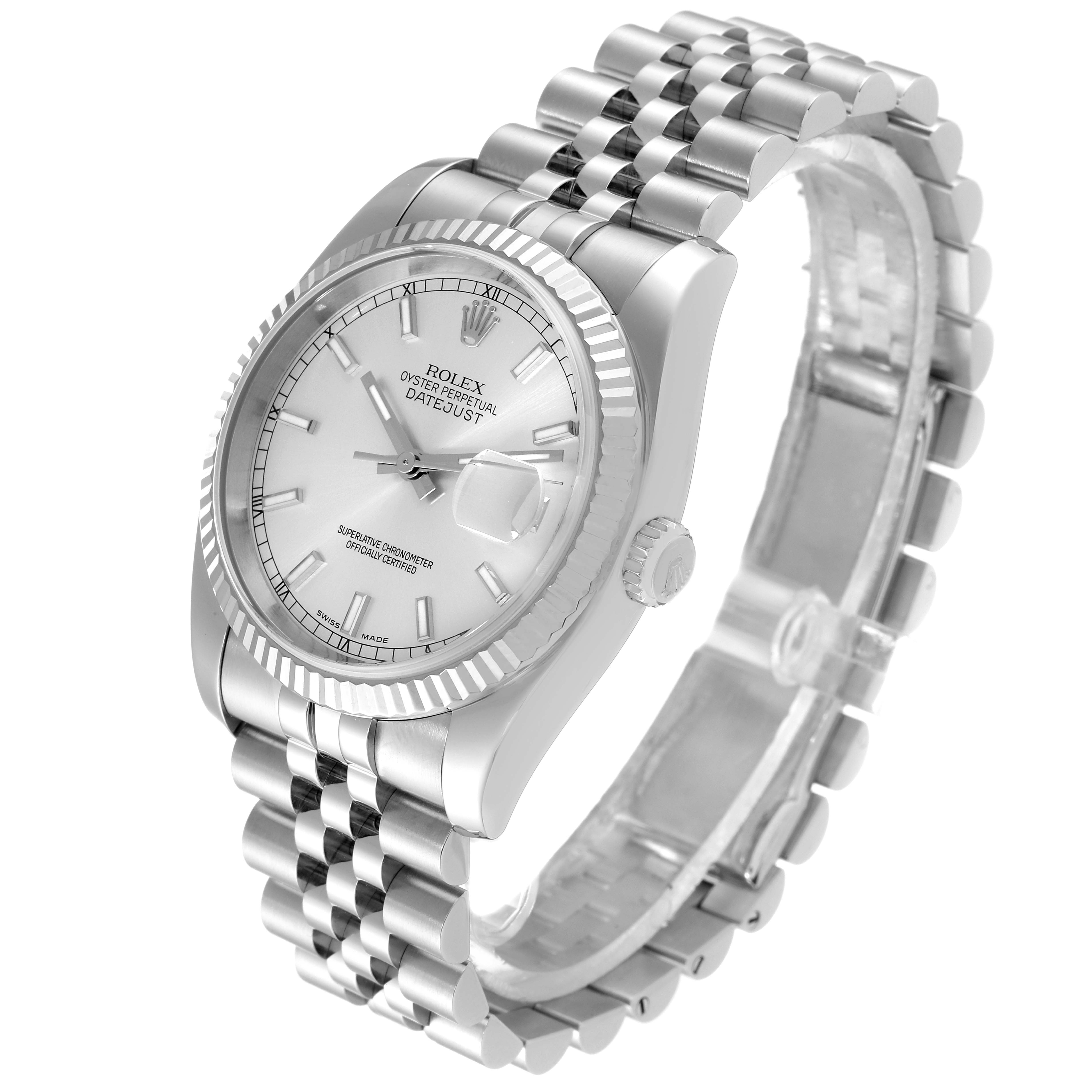 The image shows a Rolex Datejust 116234 Men's Stainless Steel Silver Dial 116234 Men's Stainless Steel Silver Dial watch at a three-quarter angle, highlighting its face, bezel, and jubilee bracelet.