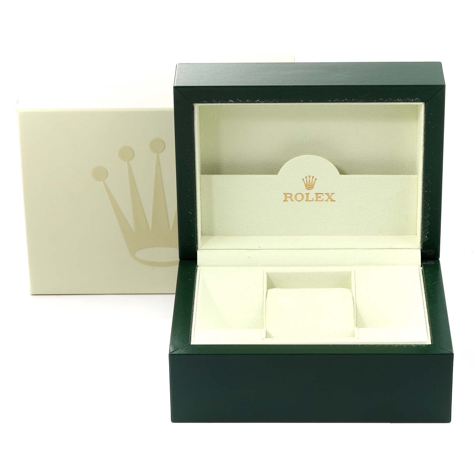 This image shows the open box and outer packaging for a Rolex Datejust 116234 Men's Stainless Steel Silver Dial 116234 Men's Stainless Steel Silver Dial watch.