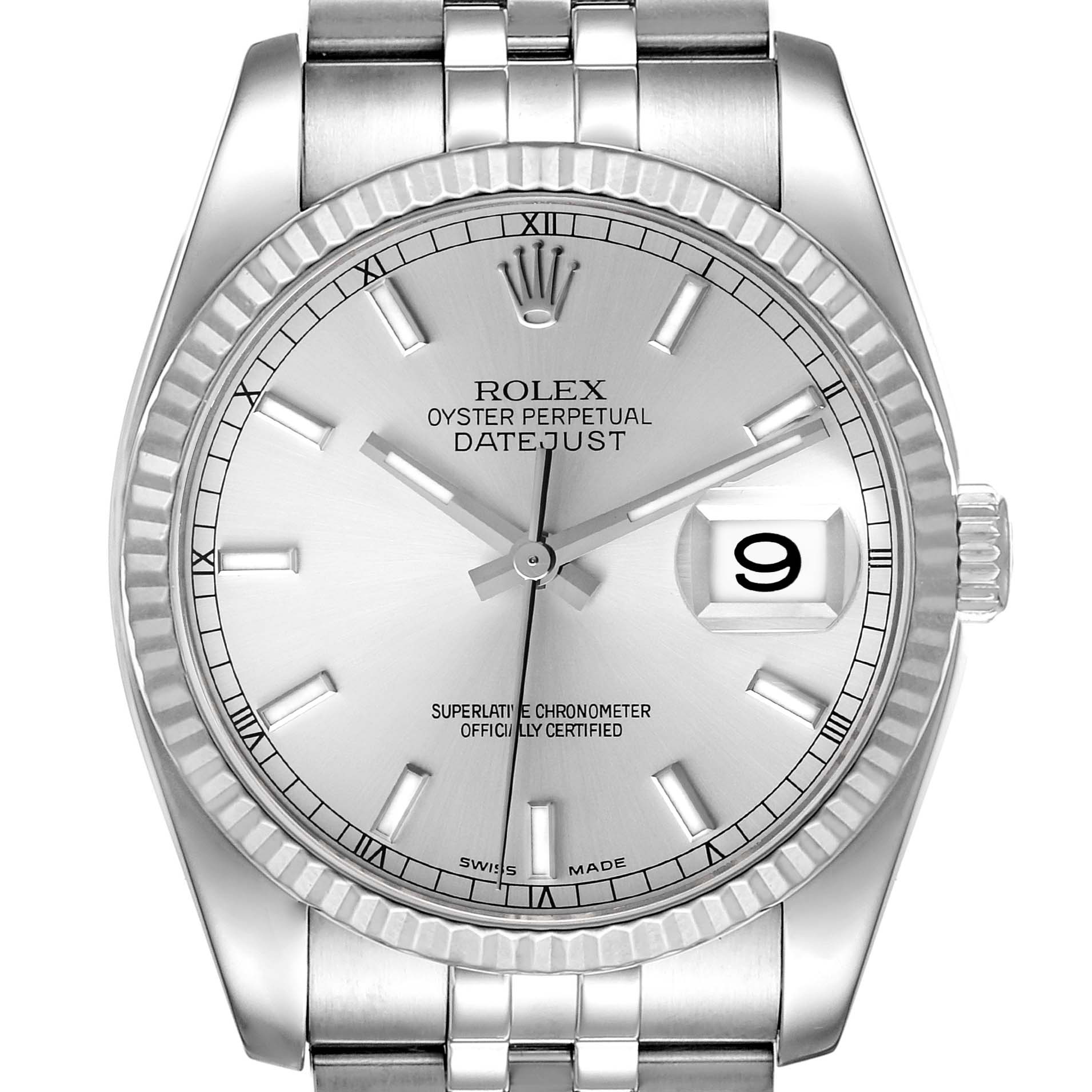 This image shows a close-up frontal view of a Rolex Datejust 116234 Men's Stainless Steel Silver Dial 116234 Men's Stainless Steel Silver Dial watch, highlighting the dial, bezel, and bracelet.