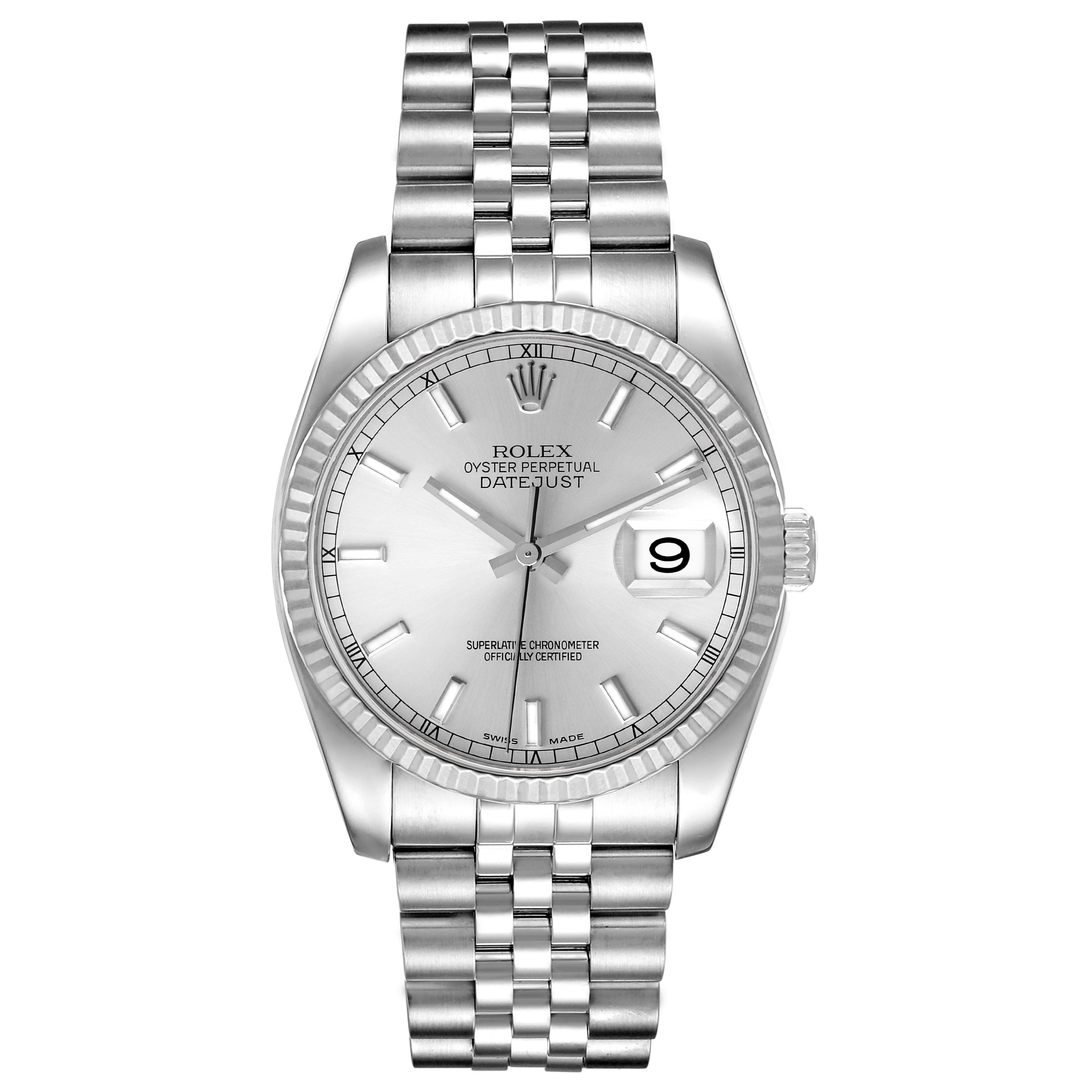 This Rolex Datejust 116234 Men's Stainless Steel Silver Dial 116234 Men's Stainless Steel Silver Dial watch is shown from the front angle, highlighting its face, bezel, and bracelet.